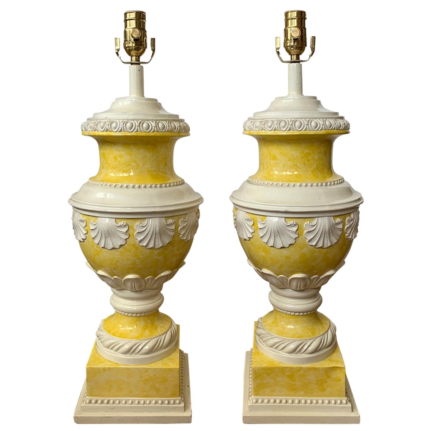 Mid-20th Century Neoclassical Yellow & White Glazed Urn Lamps, Shell Motif, Pair