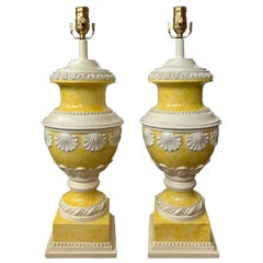 Mid-20th Century Neoclassical Yellow & White Glazed Urn Lamps, Shell Motif, Pair