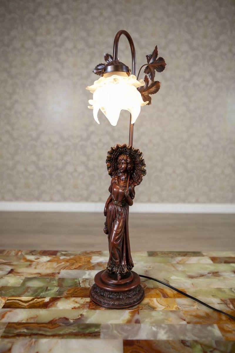 European Mid-20th Century Night Light Featuring Woman Figurine Made of Zamak Alloy For Sale
