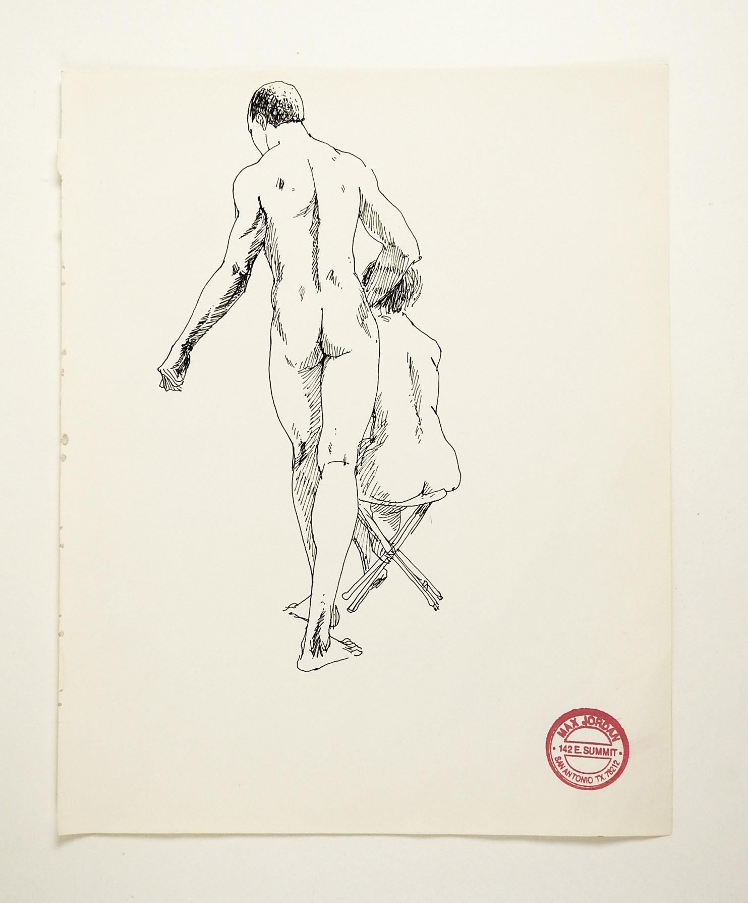 Studio di nudo di uomo e donna a penna e inchiostro degli anni '60 circa di Max Jordan  da tempo direttore artistico di Frost Bros.  di San Antonio in Texas.  Timbro dell'artista in basso a destra.  Non incorniciato, con tonalità dell'età e usura