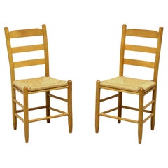 Mid 20th Century Oak Ladder Back Side Chairs with Rush Seats - Pair A