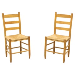 Mid 20th Century Oak Ladder Back Side Chairs with Rush Seats - Pair B