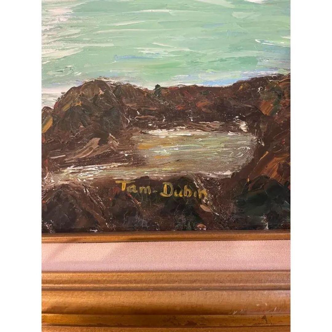 Vintage Large Oil Painting, Ocean Breaking Against Rocks, Original Painting Signed Tam Dubin. Ornate gold frame. Signed, light greens, yellows, blues , and brown colors. Size: 37.5