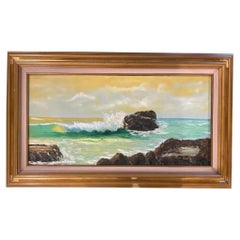 Peinture à l'huile originale du milieu du 20e siècle « Ocean Breaking Against Rocks », signée Tam