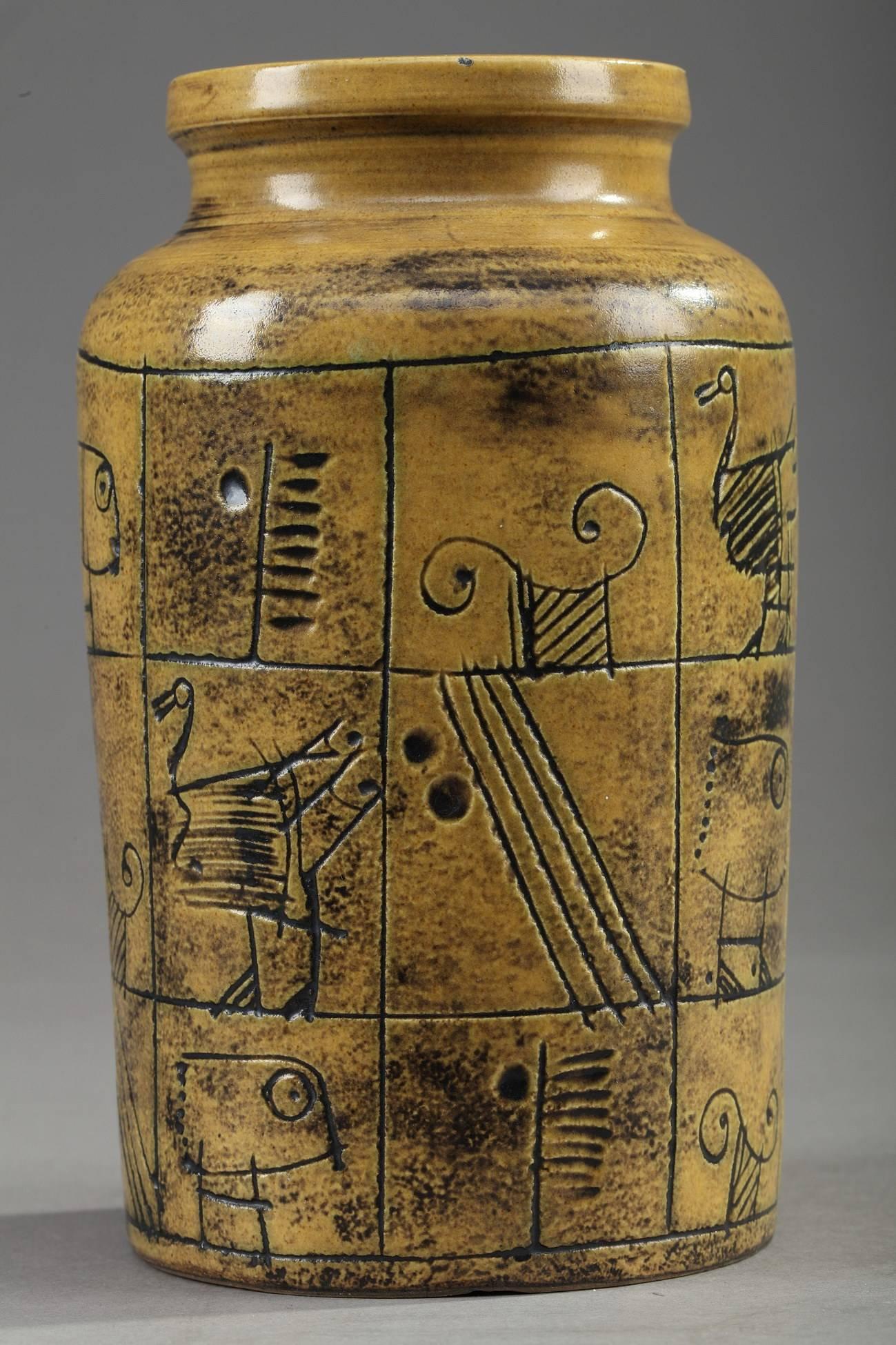 Primitive Mid-20th Century Ochre Glazed Ceramic Vase by Jacques Blin
