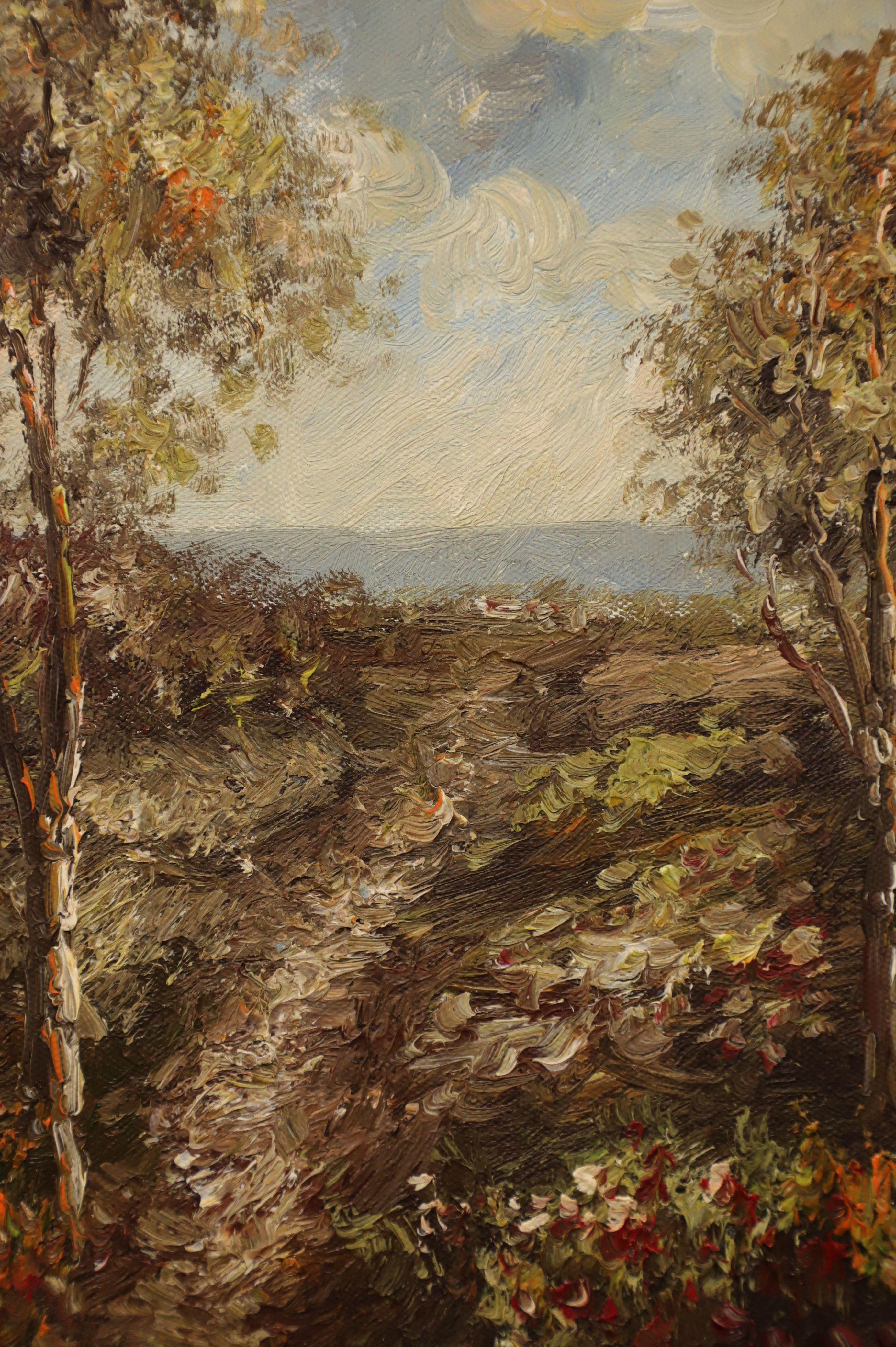 Mid 20th Century Oil Impasto Painting on Canvas - Landscape Overlooking Ocean For Sale 3