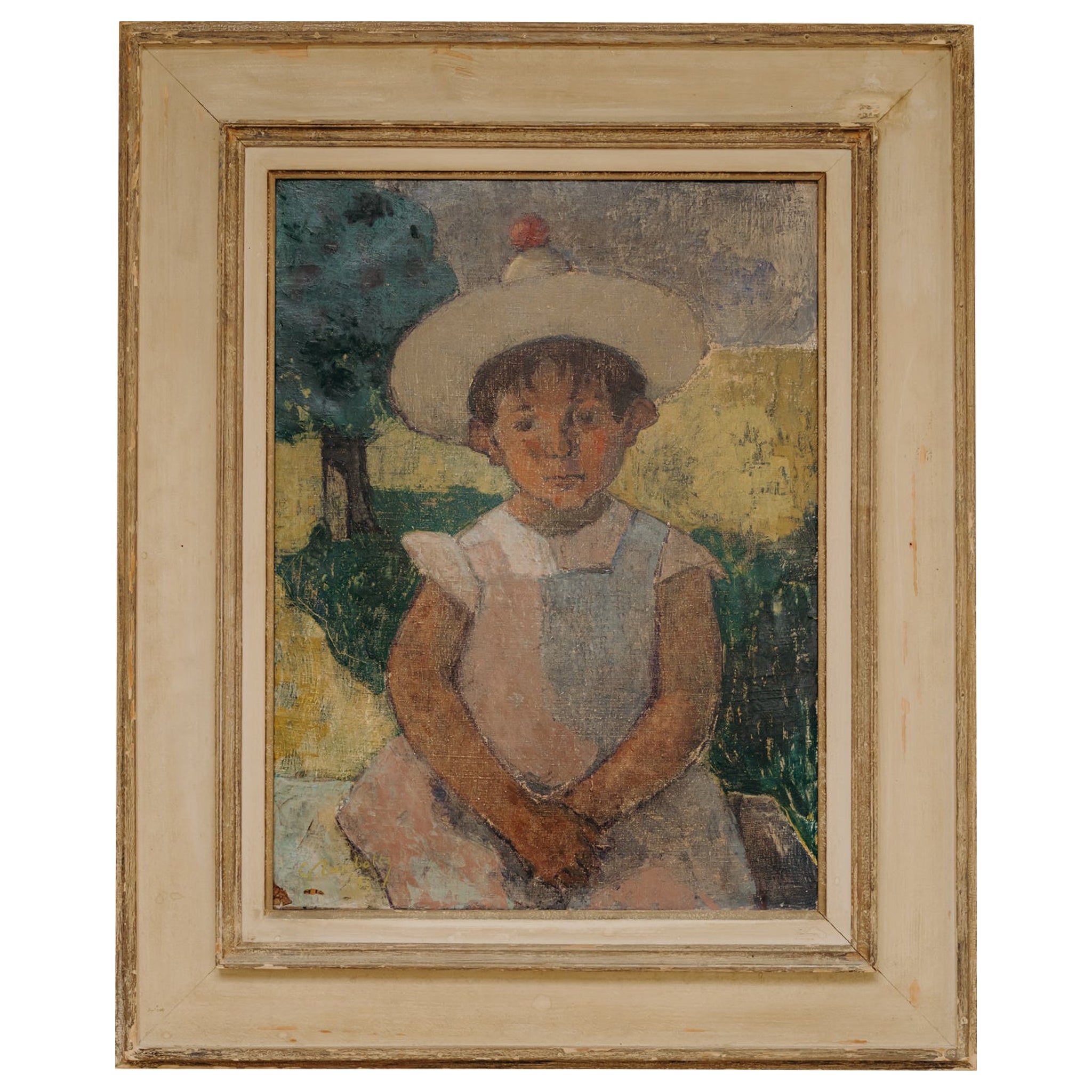 mid 20th century oil on canvas, girl with hat, French artist Genevieve Lambotte im Angebot