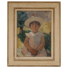 mid 20th century oil on canvas, girl with hat, French artist Genevieve Lambotte