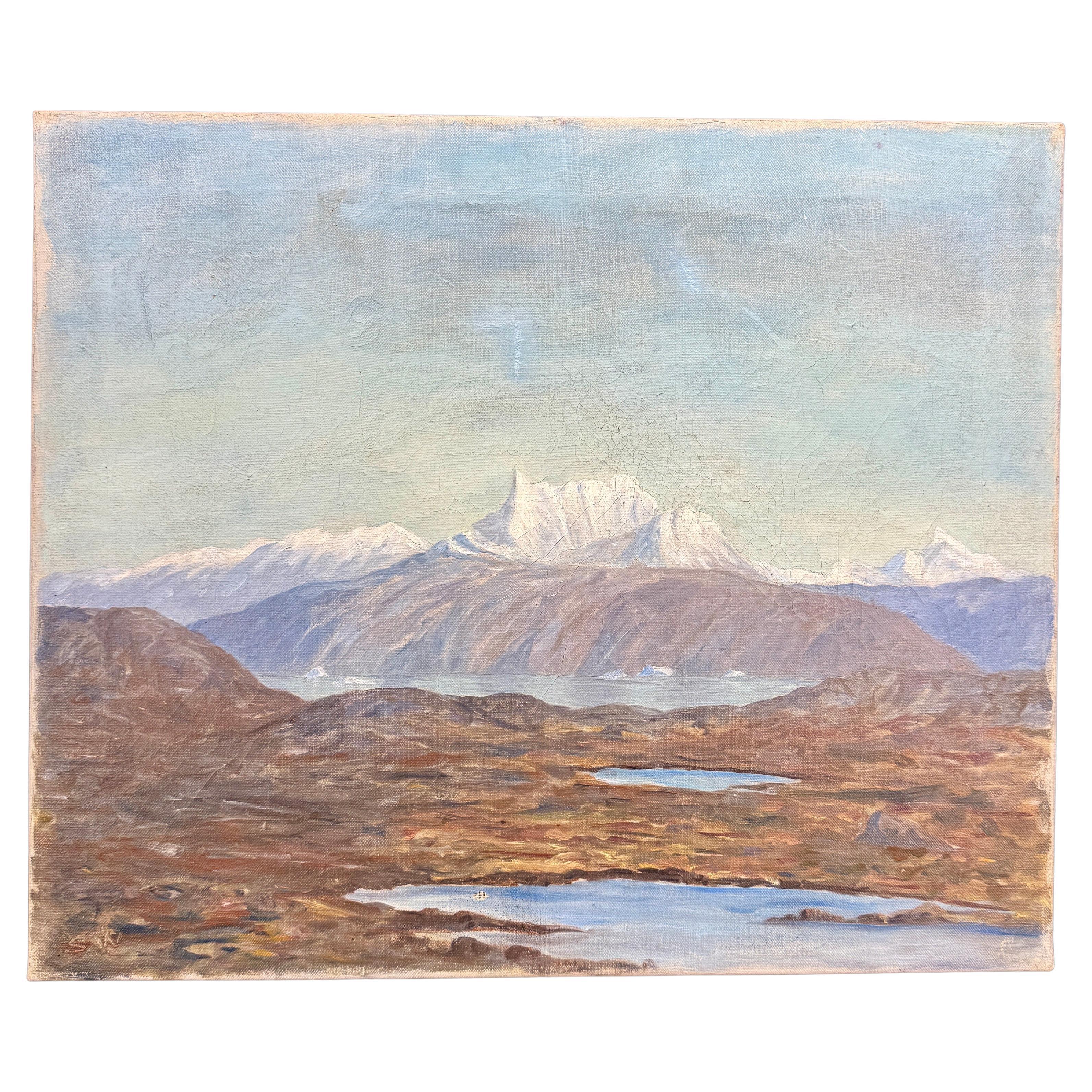 Mitte des 20. Jahrhunderts Öl auf Leinwand Landschaft Berge von Grönland, signiert