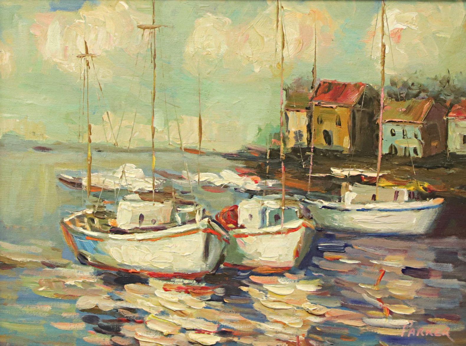 An original oil painting on canvas, from the Mid 20th Century. Untitled, (Boats in Harbor). Signed 