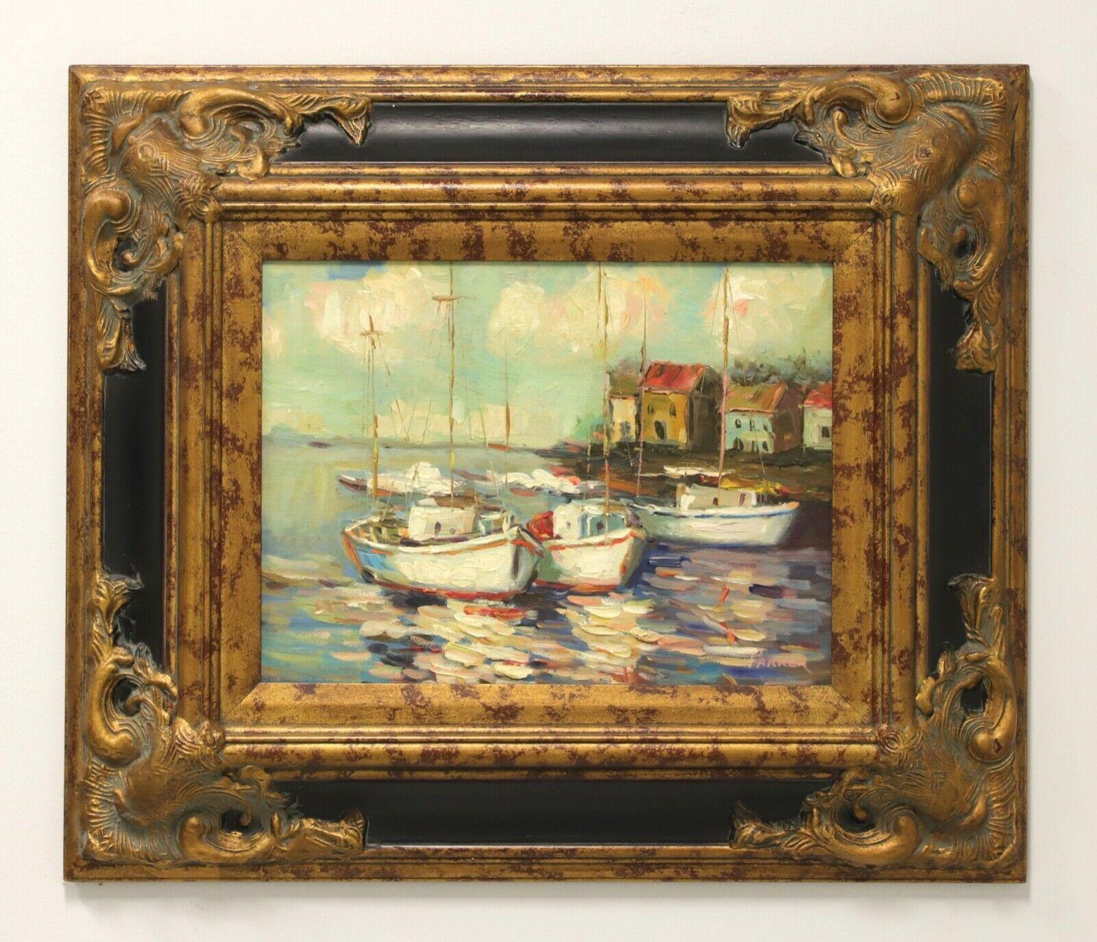 Mid 20th Century Oil on Canvas Painting - Boats in Harbor - Signed Parker 4