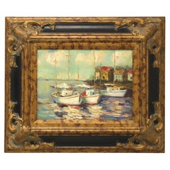Mid 20th Century Oil on Canvas Painting, Boats in Harbor, Signed Parker