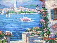Mid 20th Century Oil on Canvas Painting - Mediterranean Sailboat Scene - Signed