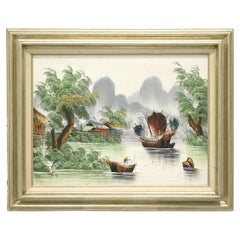Mid 20th Century Oil on Canvas Painting of an Asian River Scene Signed Tang