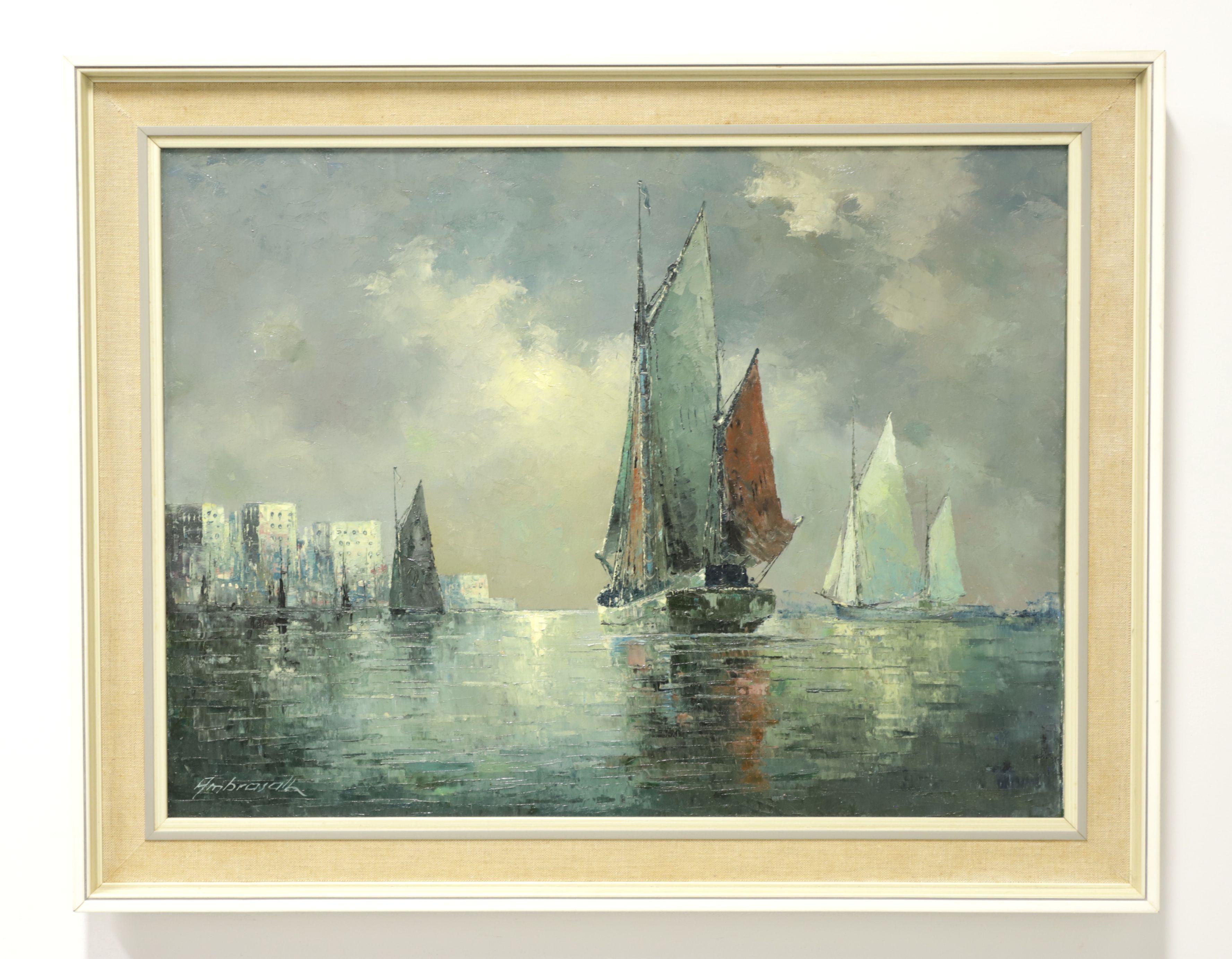 Mid 20th Century Oil on Canvas Painting - Sailboats in Moody Harbor - Signed 1