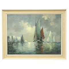 Mid 20th Century Oil on Canvas Painting - Sailboats in Moody Harbor - Signed