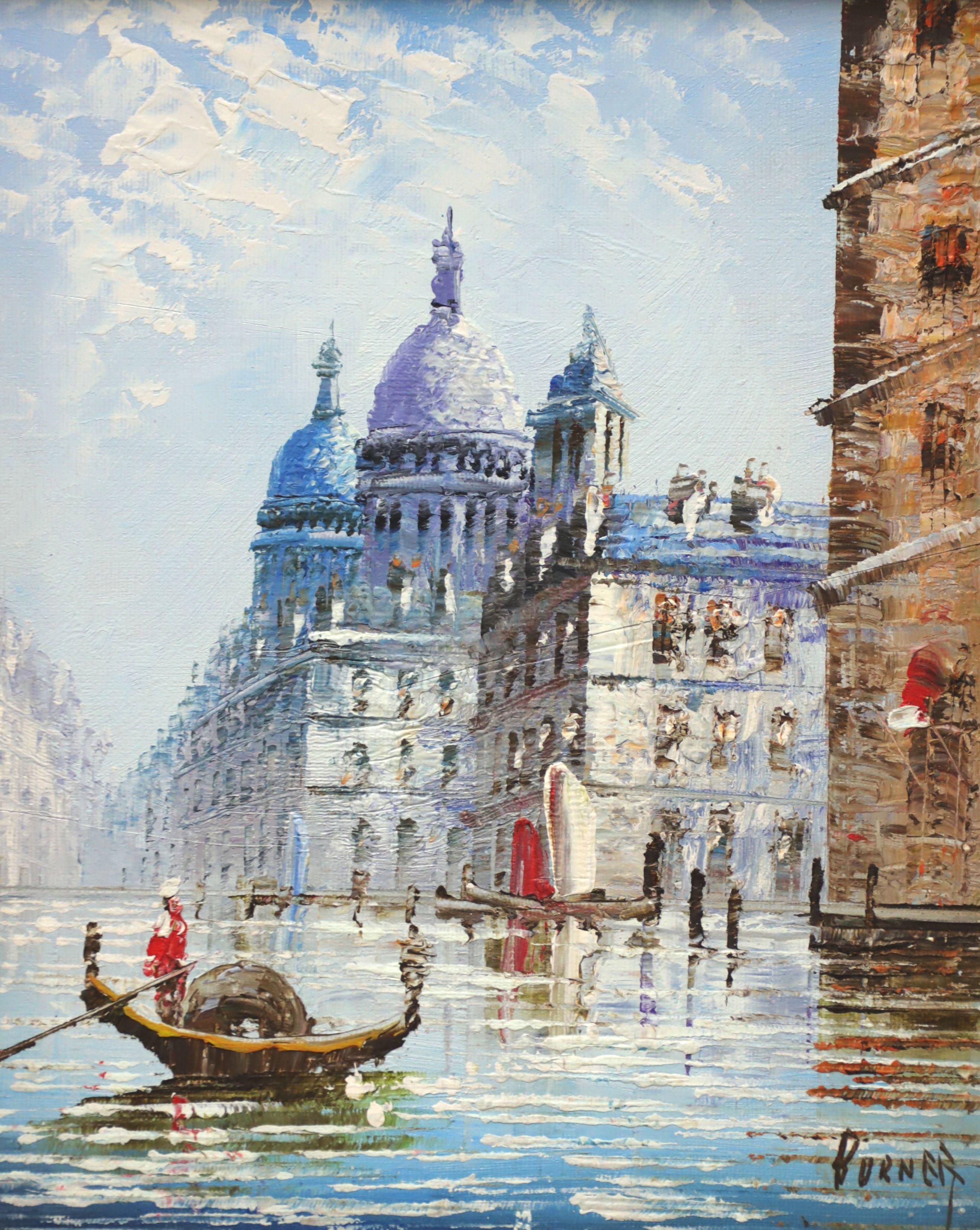 An original oil painting on canvas, from the mid 20th century. Untitled, (Venice Canal Scene). Signed 