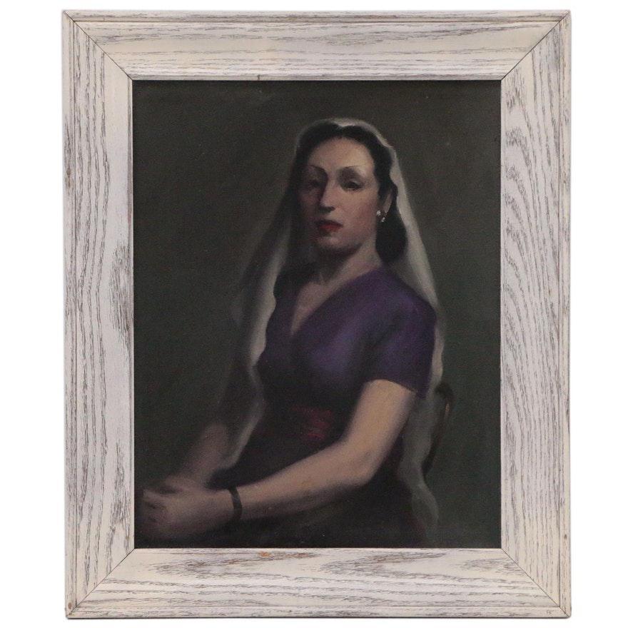 An intriguing mid 20th century oil on canvas portrait of a veiled woman wearing a purple dress. The portrait is presented in a cream painted wood frame.

Frame measures: 18.75