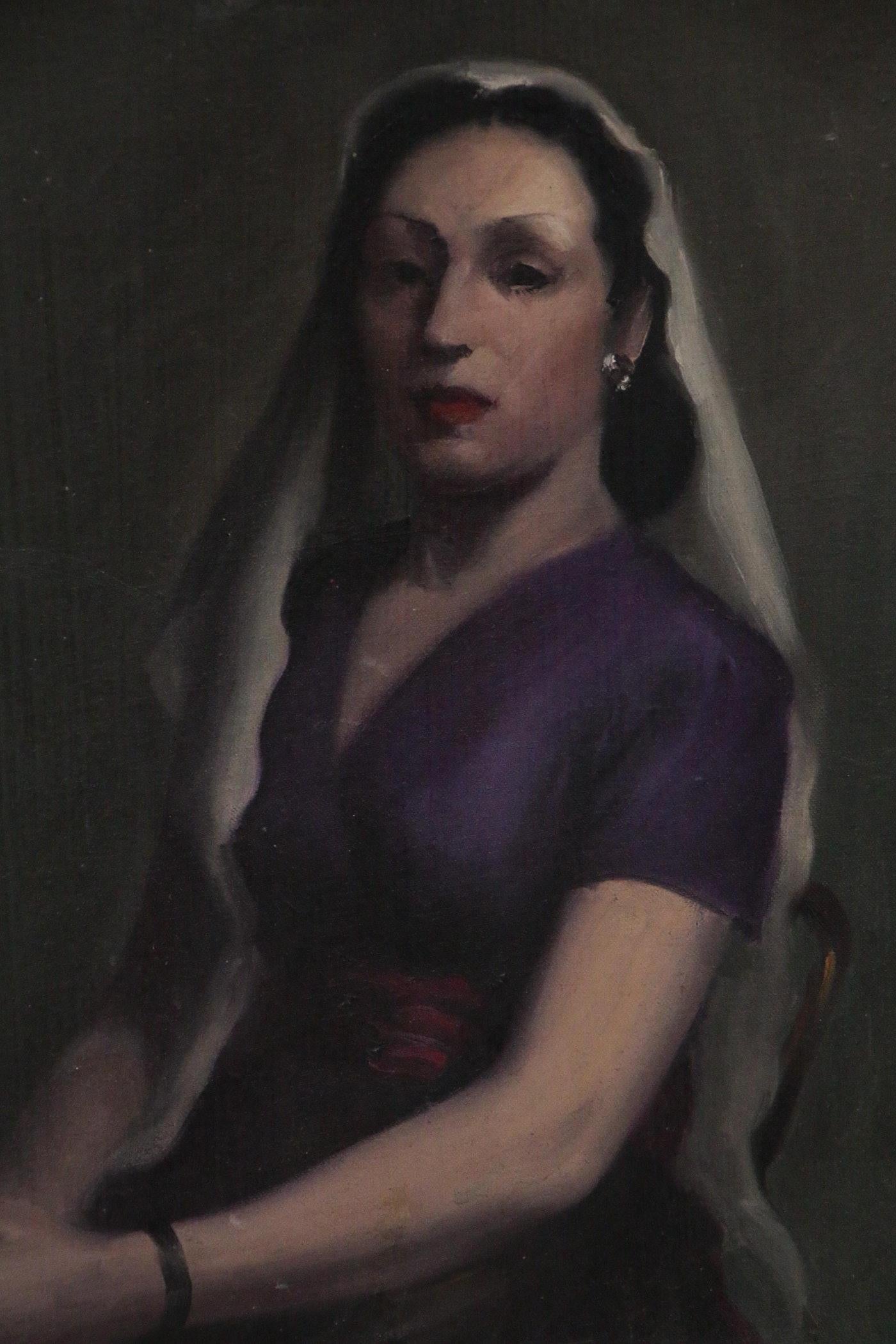 Mid 20th Century Oil on Canvas Portrait of a Veiled Lady In Good Condition For Sale In Elkhart, IN