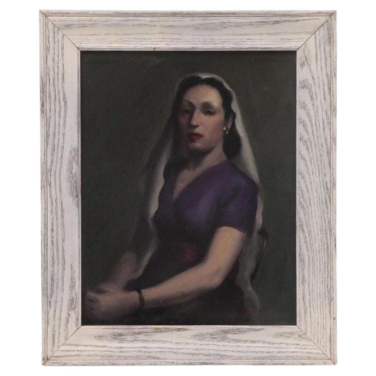 Mid 20th Century Oil on Canvas Portrait of a Veiled Lady For Sale