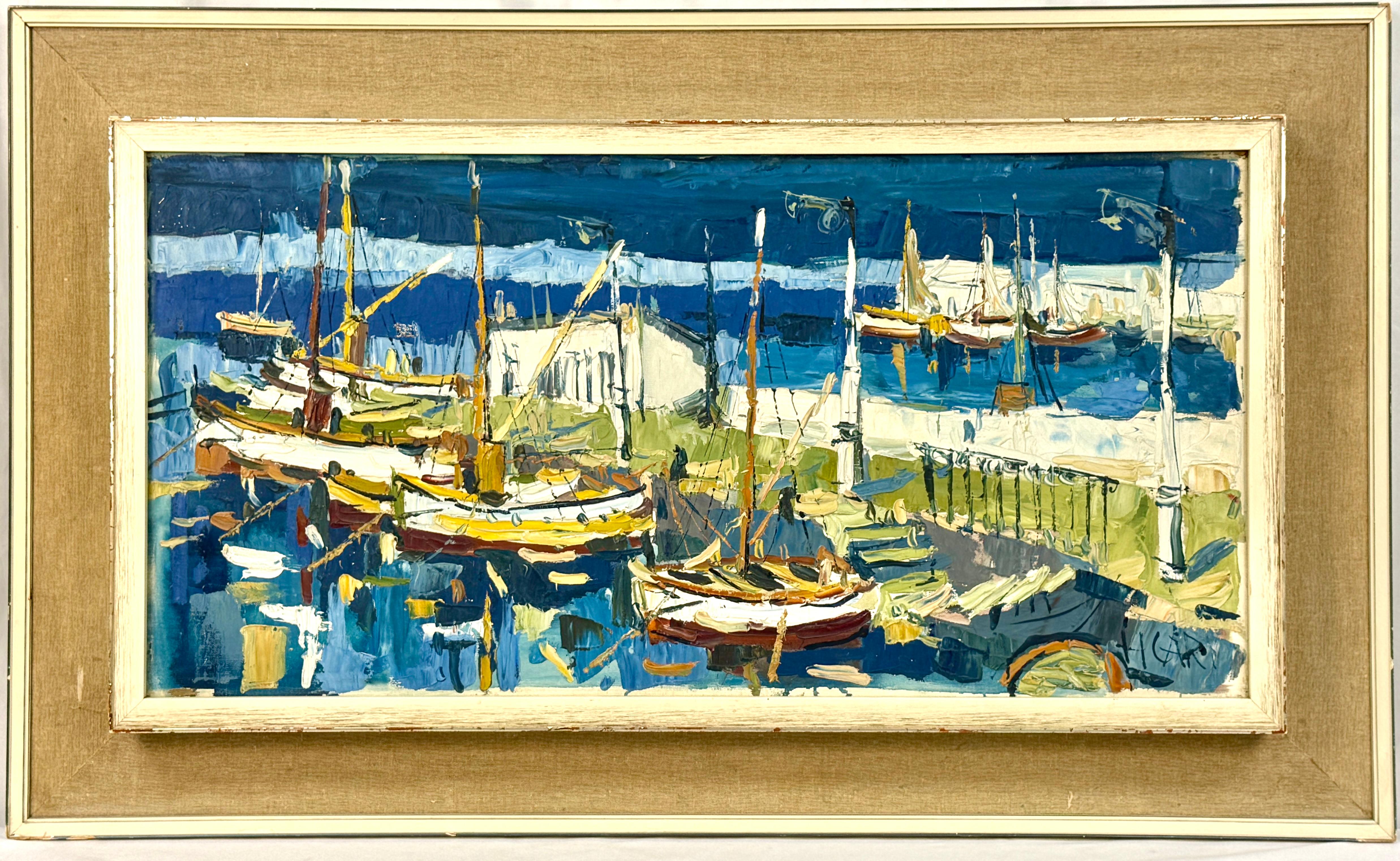Pintura al óleo sobre lienzo de mediados del siglo XX Paisaje marino en venta 3