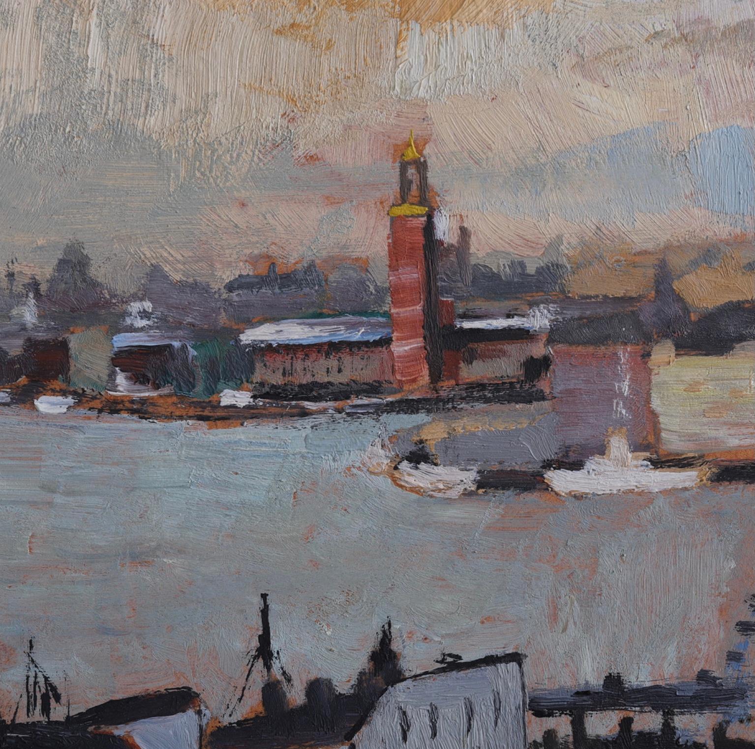 Atmosphärische Ansicht aus der Mitte des 20. Jahrhunderts, gemalt in tonigen Blau- und Grautönen, mit der U-Bahn-Station Slussen in Stockholm im Vordergrund, die auf die architektonische Skyline und den Hafen im Hintergrund überblickt.