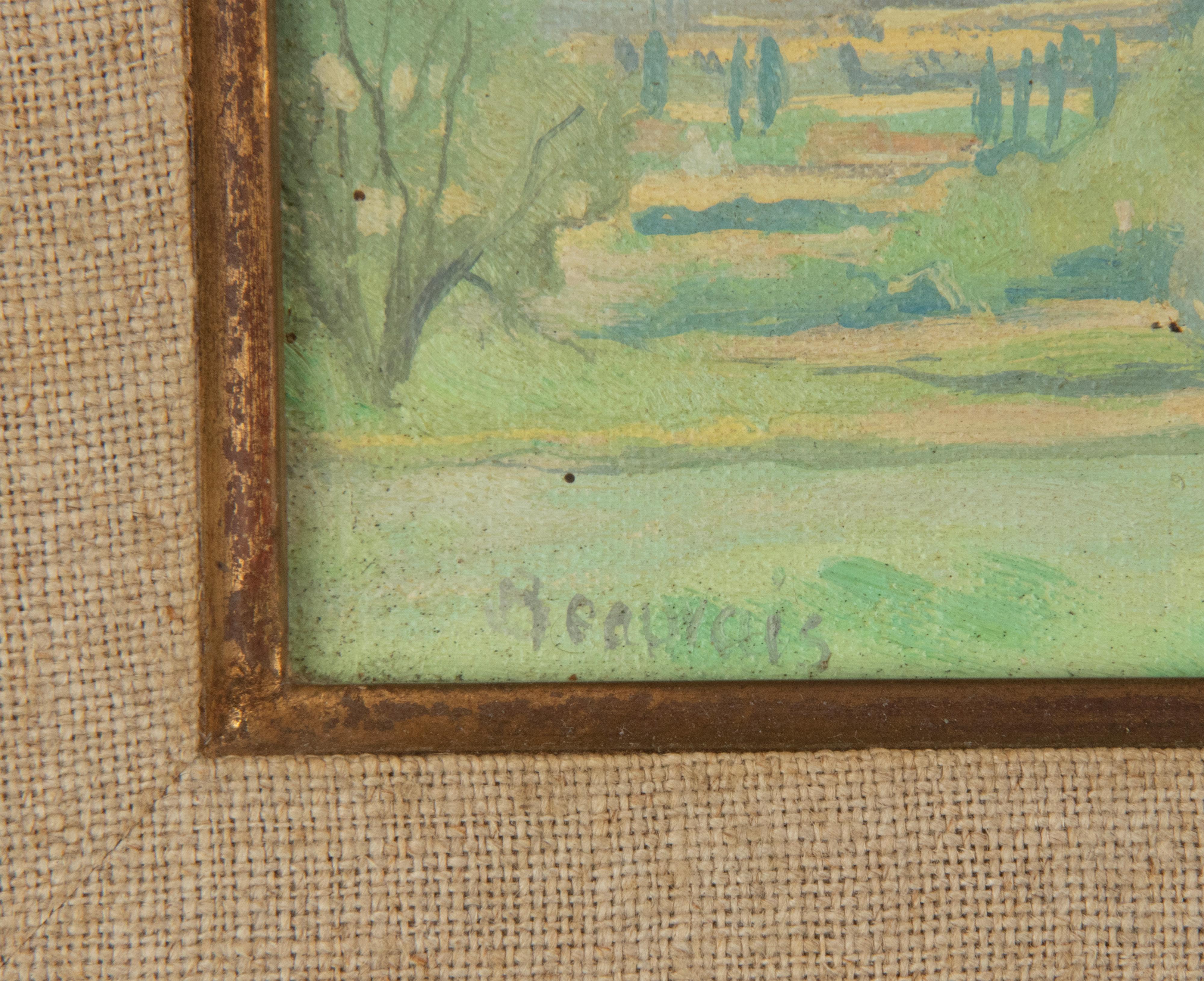 Paysage à la peinture à l'huile du milieu du 20ème siècle - Signé Beauvais Bon état - En vente à Casteren, Noord-Brabant
