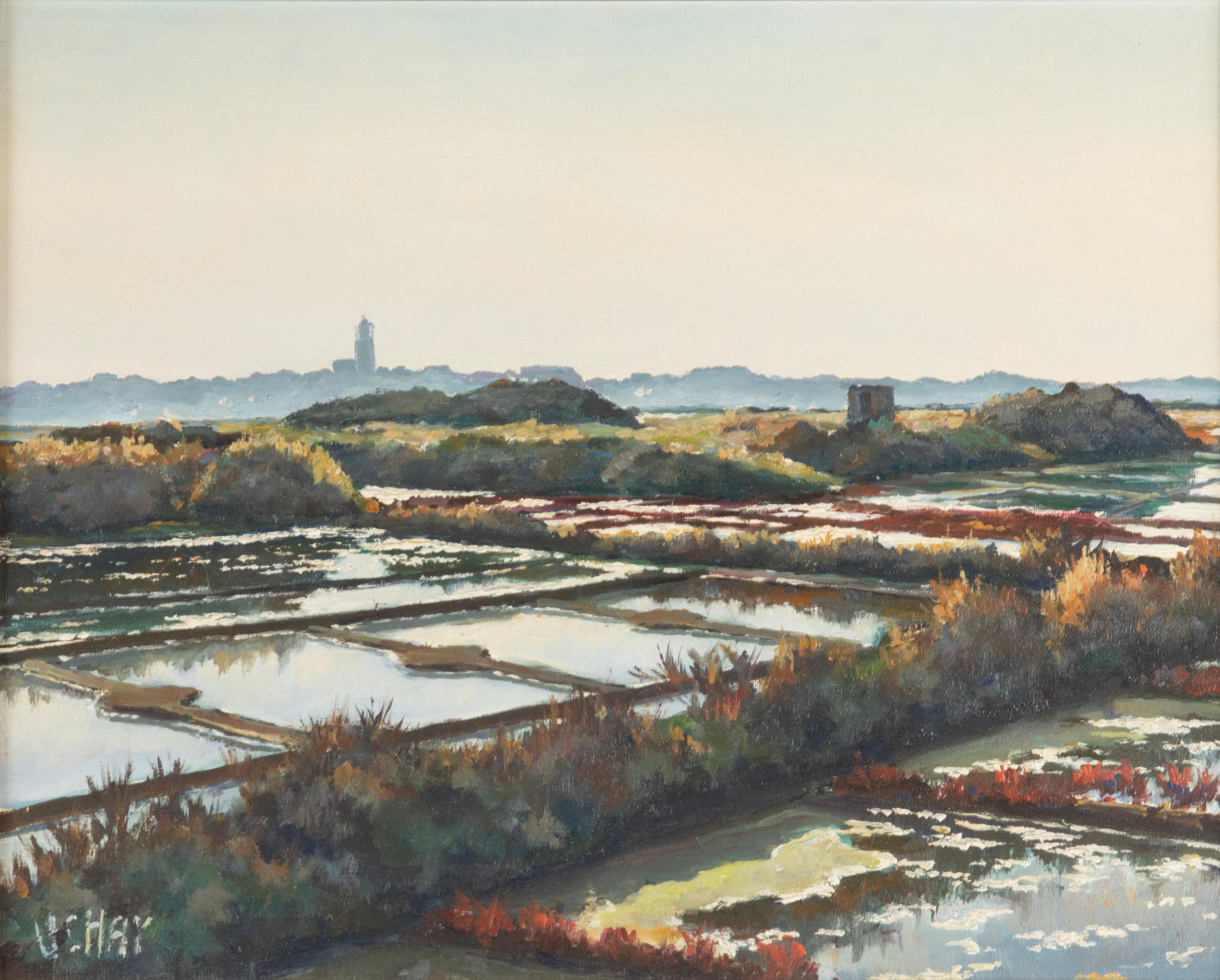 Oil painting of sea salt salt production reservoirs at he Breton coast of France. Signed left under: René UCHAY. The sea salt is extracted in a traditional way at Guérande and on the island of Noirmoutier and is widely used in French