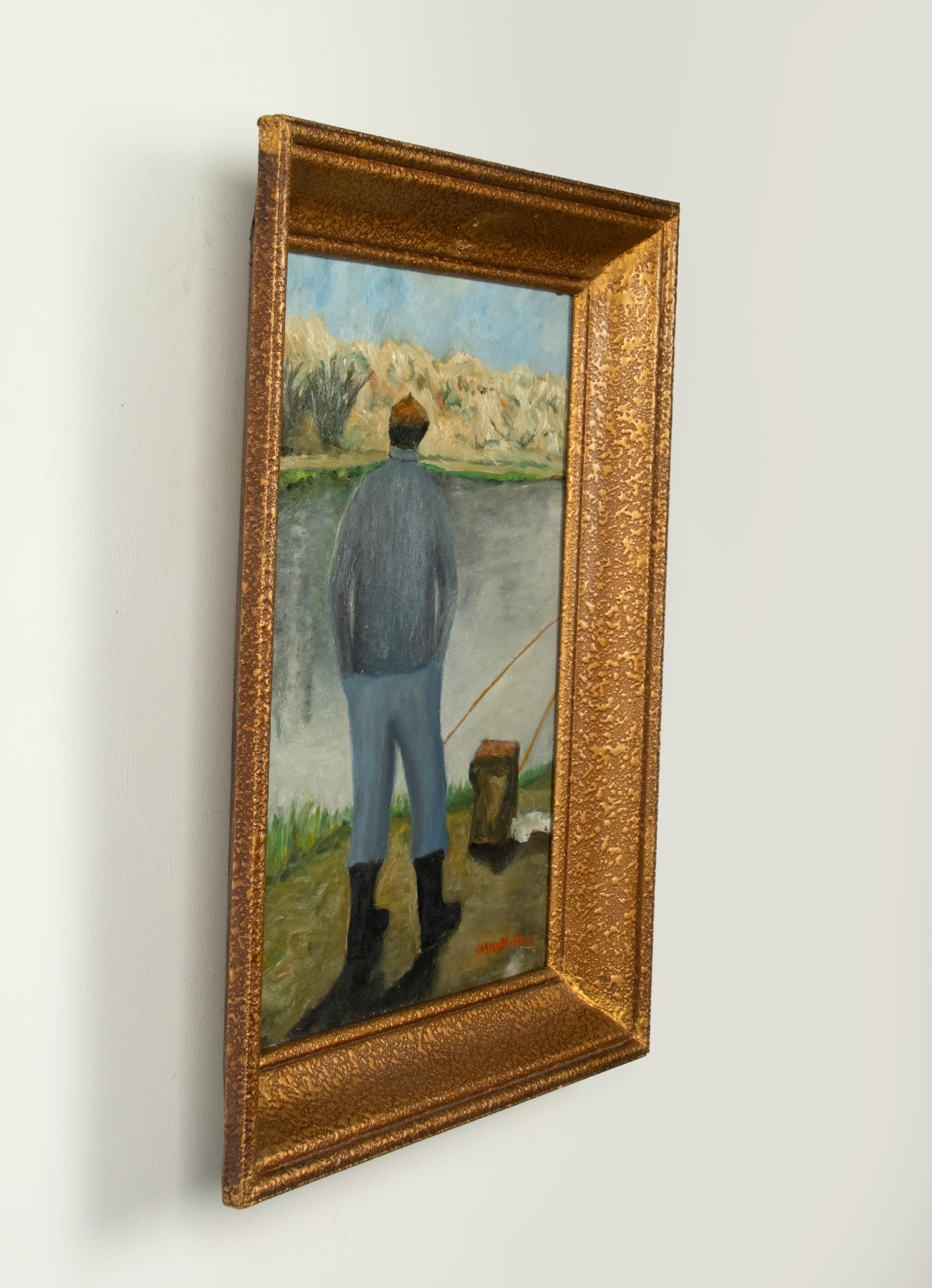Peinture à l'huile du milieu du 20e siècle - pêcheur sur la rivière - C. Vanderstraeten en vente 3