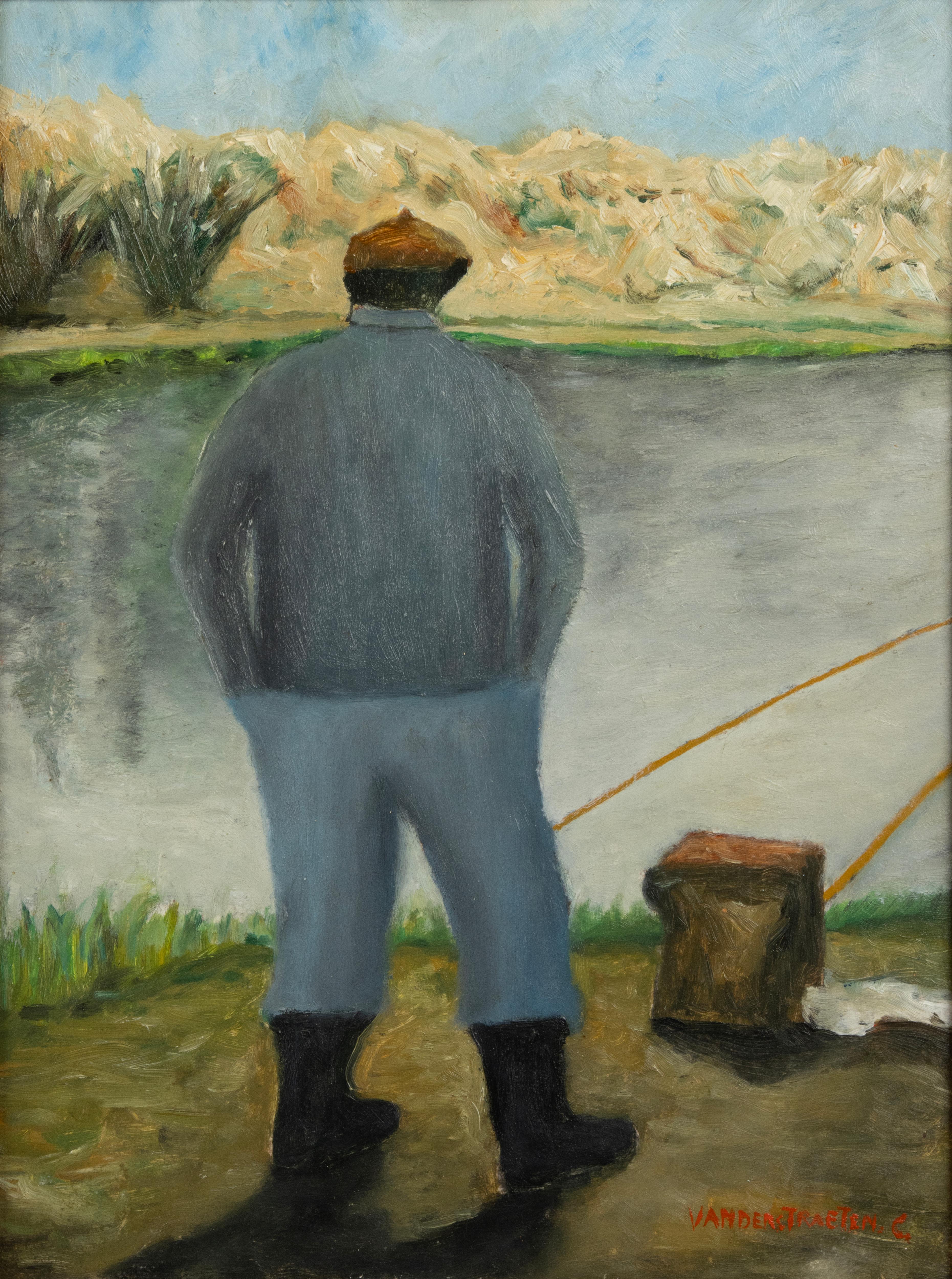 Une peinture à l'huile intéressante représentant un pêcheur au bord d'une rivière. Il s'agit d'une représentation quelque peu curieuse, l'homme étant représenté de dos, mais c'est précisément pour cette raison que le tableau dégage une telle
