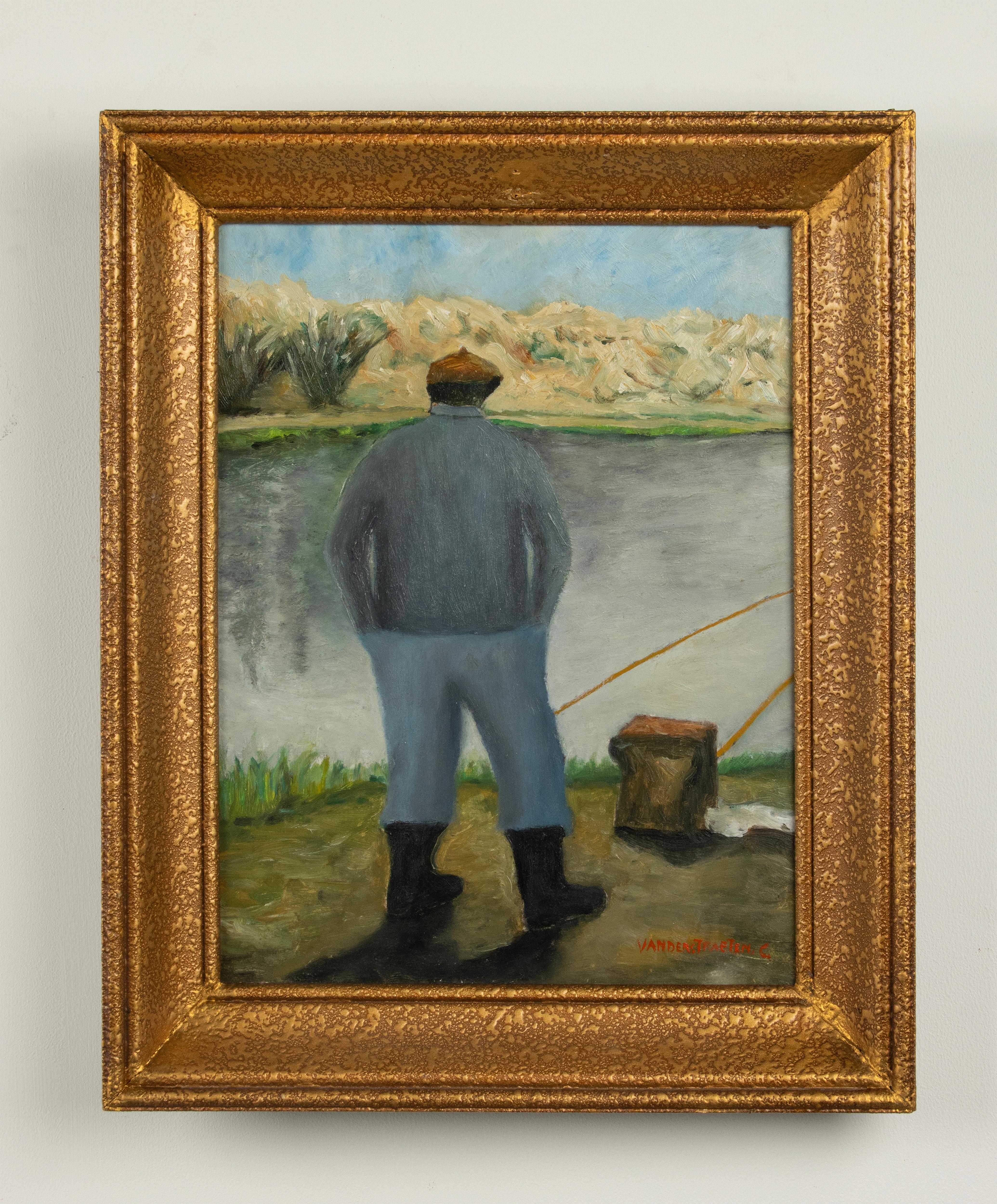 Belge Peinture à l'huile du milieu du 20e siècle - pêcheur sur la rivière - C. Vanderstraeten en vente