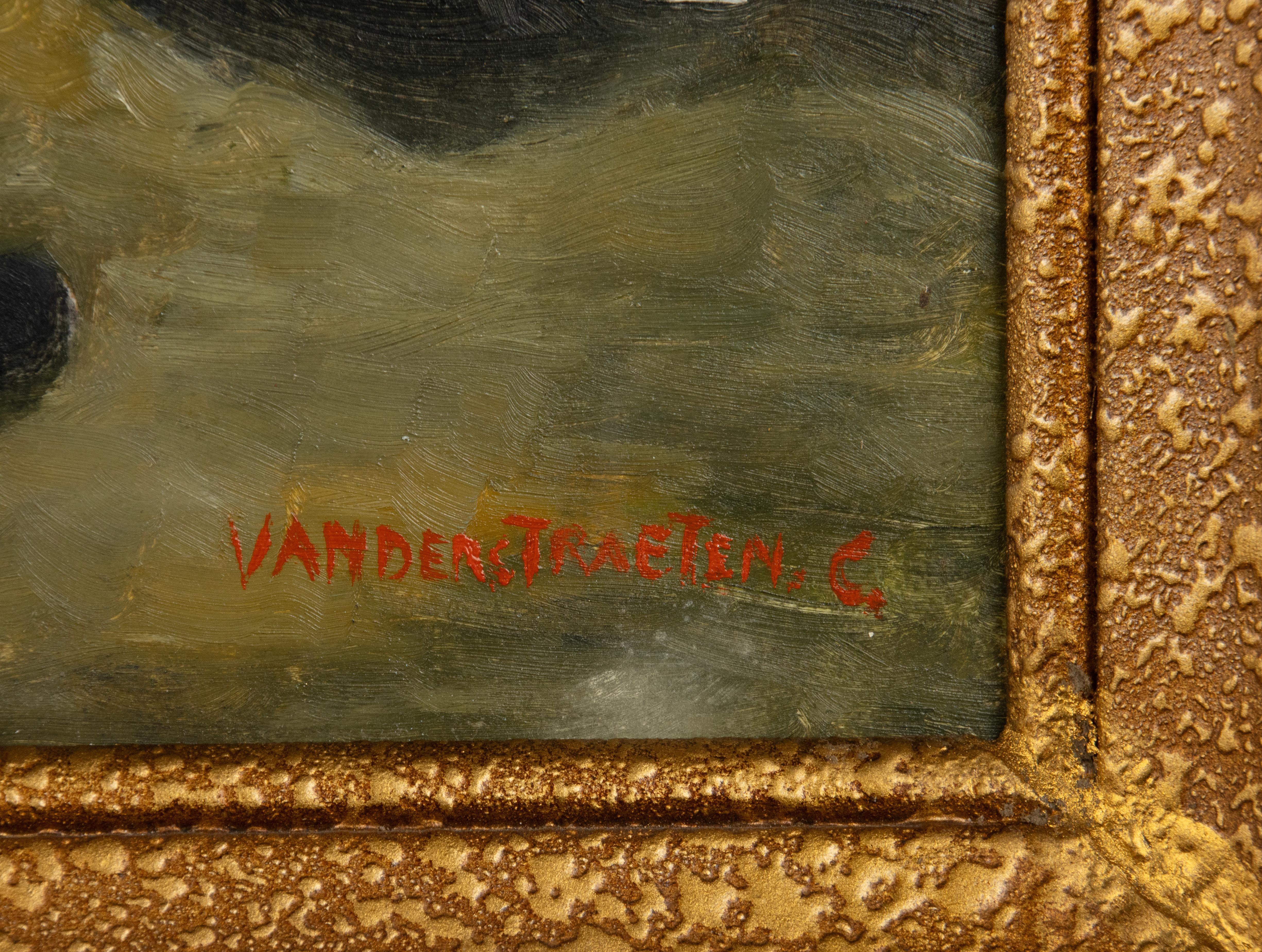 Peint à la main Peinture à l'huile du milieu du 20e siècle - pêcheur sur la rivière - C. Vanderstraeten en vente