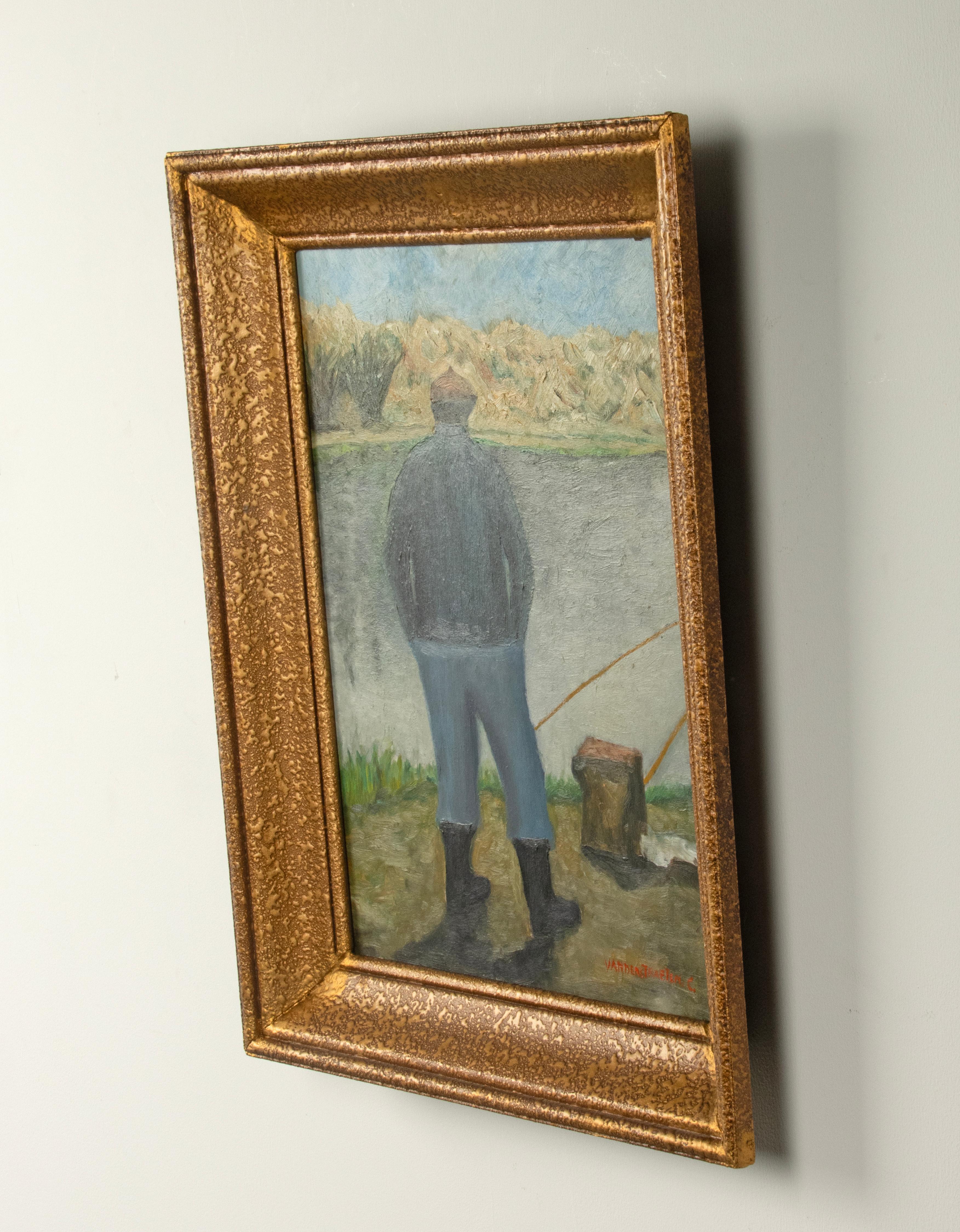 Milieu du XXe siècle Peinture à l'huile du milieu du 20e siècle - pêcheur sur la rivière - C. Vanderstraeten en vente