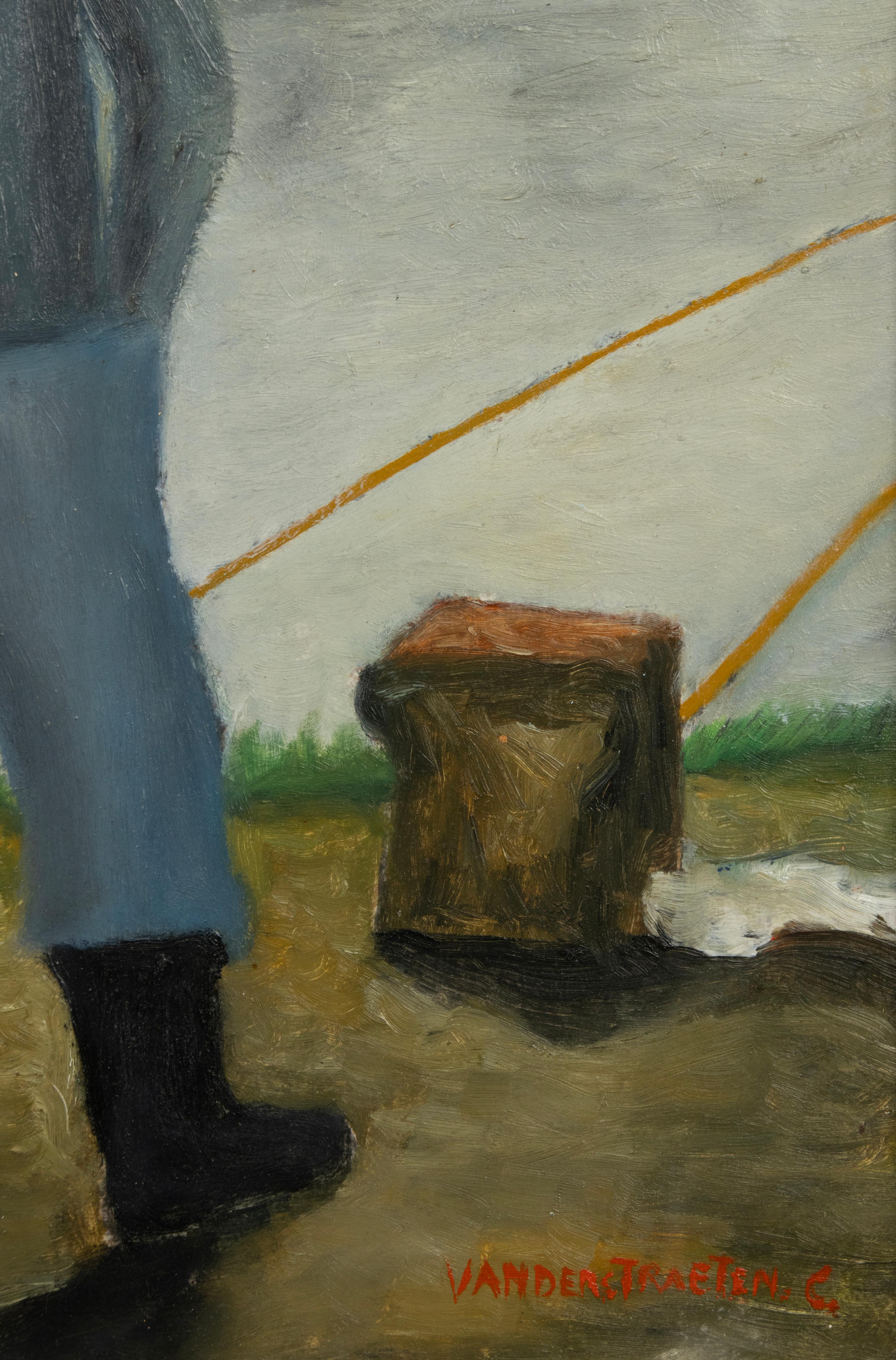 Peinture à l'huile du milieu du 20e siècle - pêcheur sur la rivière - C. Vanderstraeten en vente 1