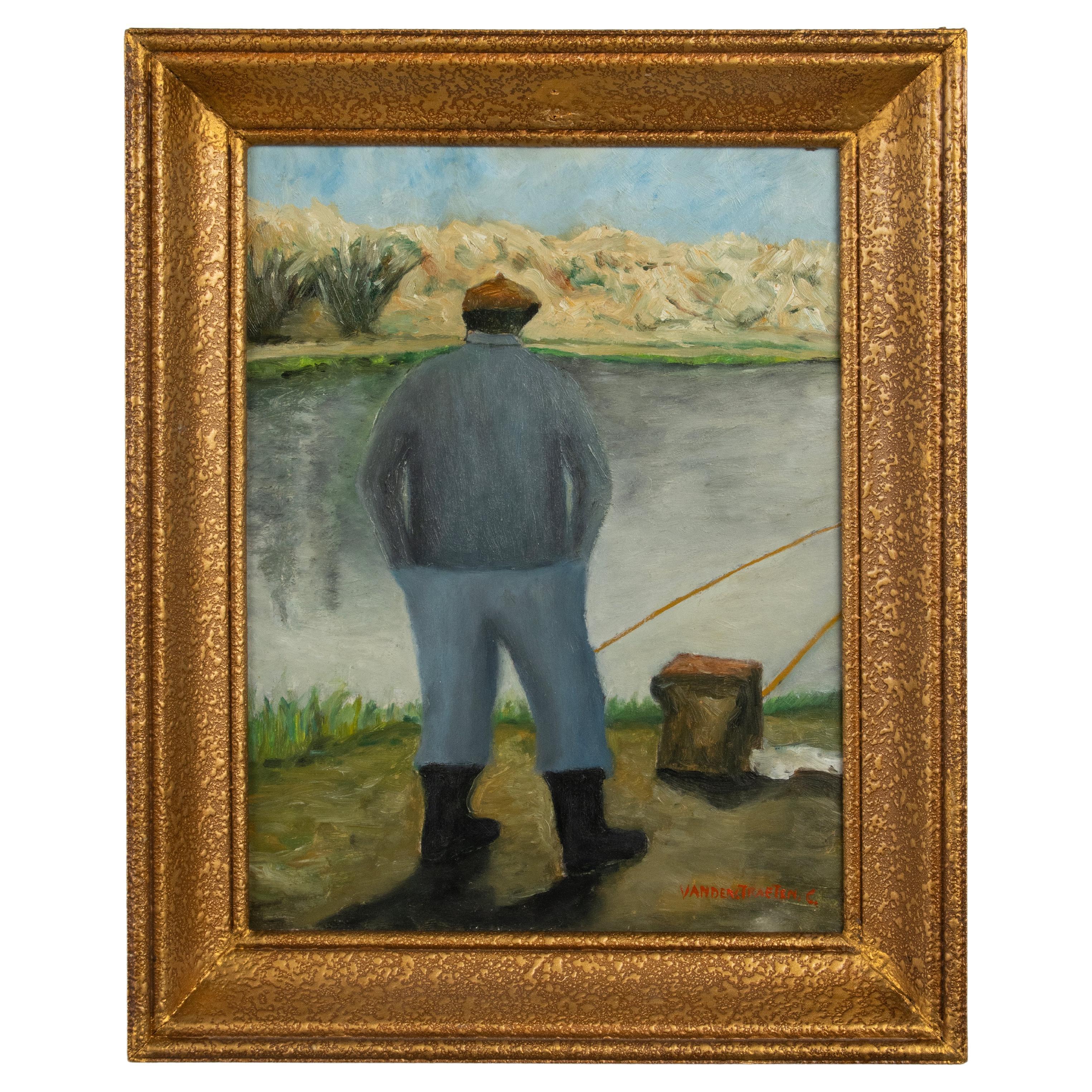 Peinture à l'huile du milieu du 20e siècle - pêcheur sur la rivière - C. Vanderstraeten en vente