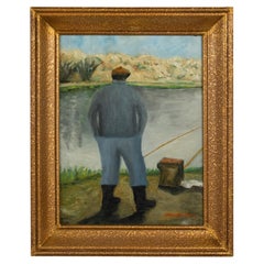 Pintura al óleo de mediados del siglo XX - Pescador en el río - C. Vanderstraeten