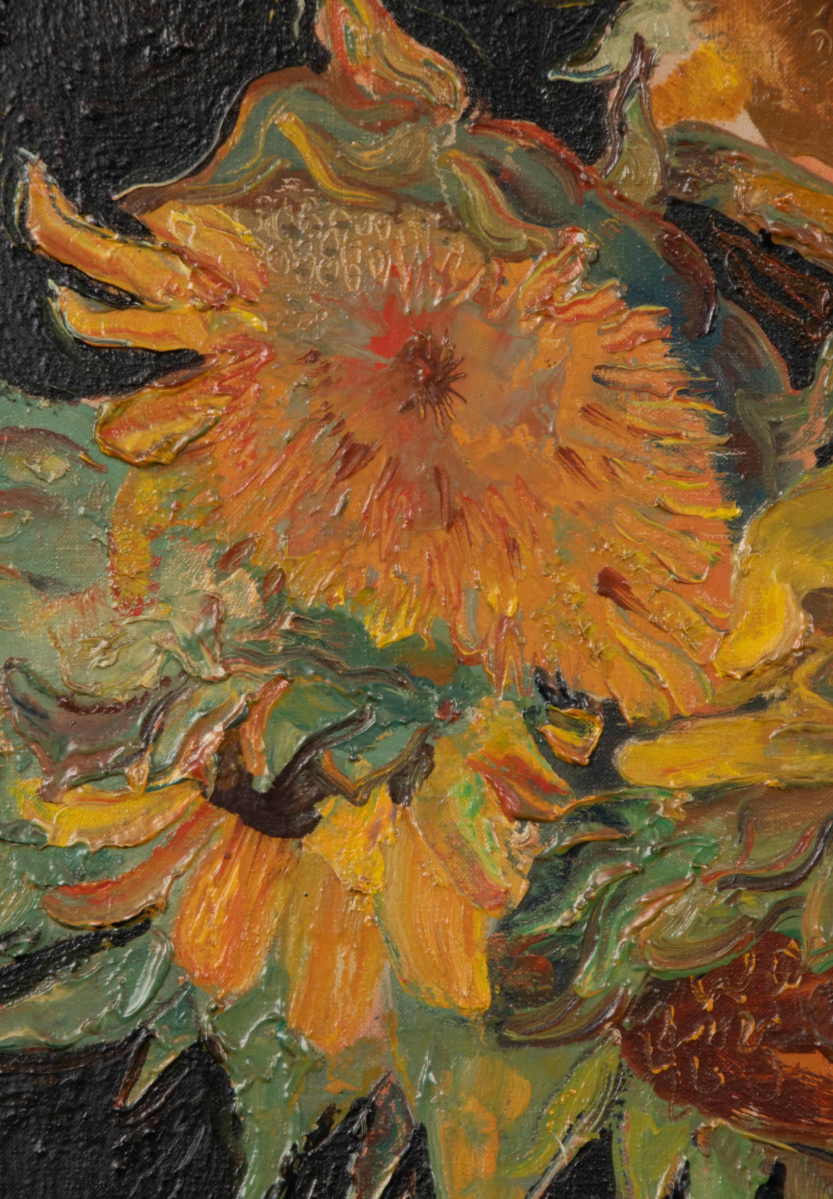 Mitte des 20. Jahrhunderts, Ölgemälde Blumenstillleben mit Sonnenblumen in einer Vase, Stillleben im Angebot 3