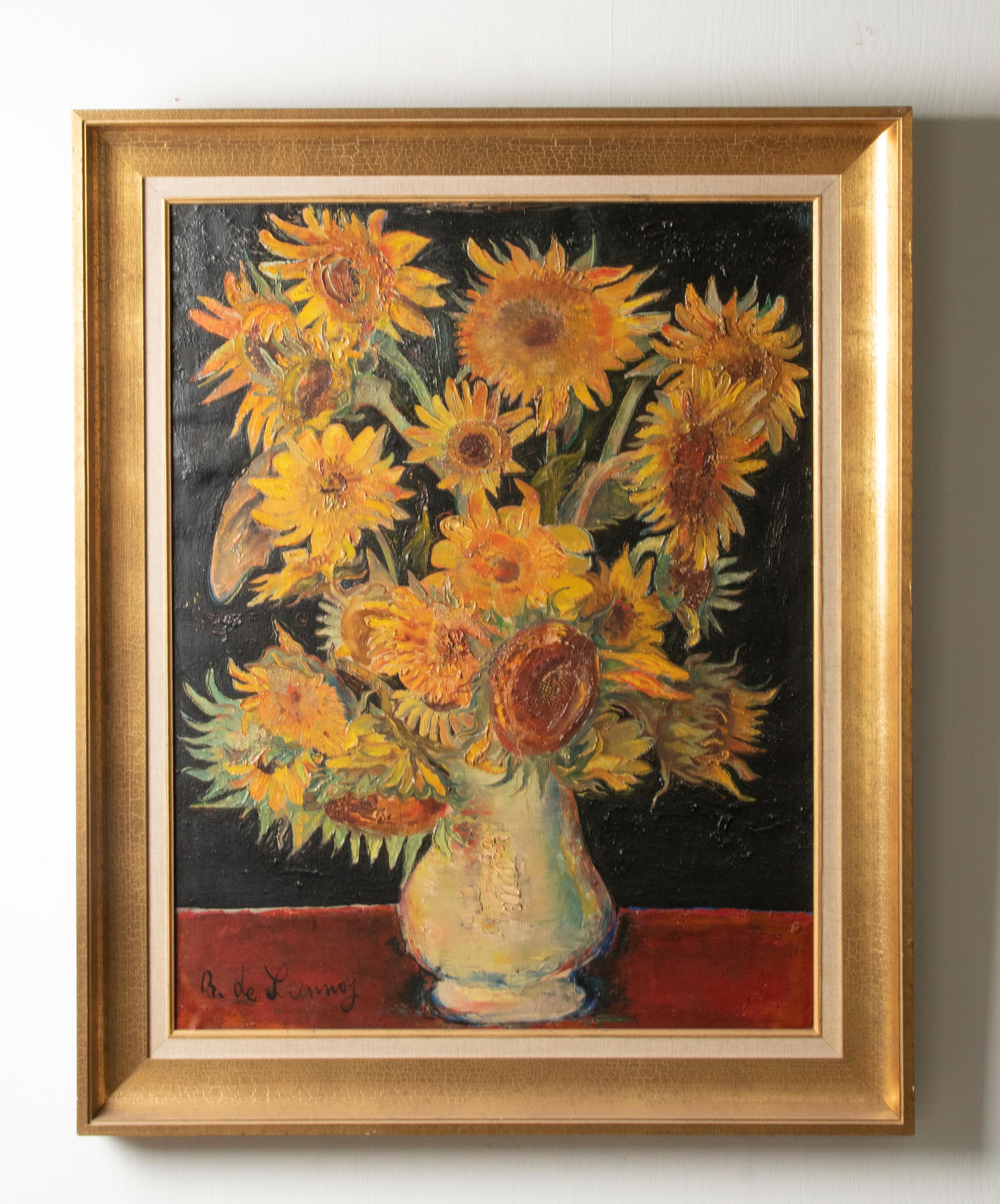 Mitte des 20. Jahrhunderts, Ölgemälde Blumenstillleben mit Sonnenblumen in einer Vase, Stillleben im Angebot 4