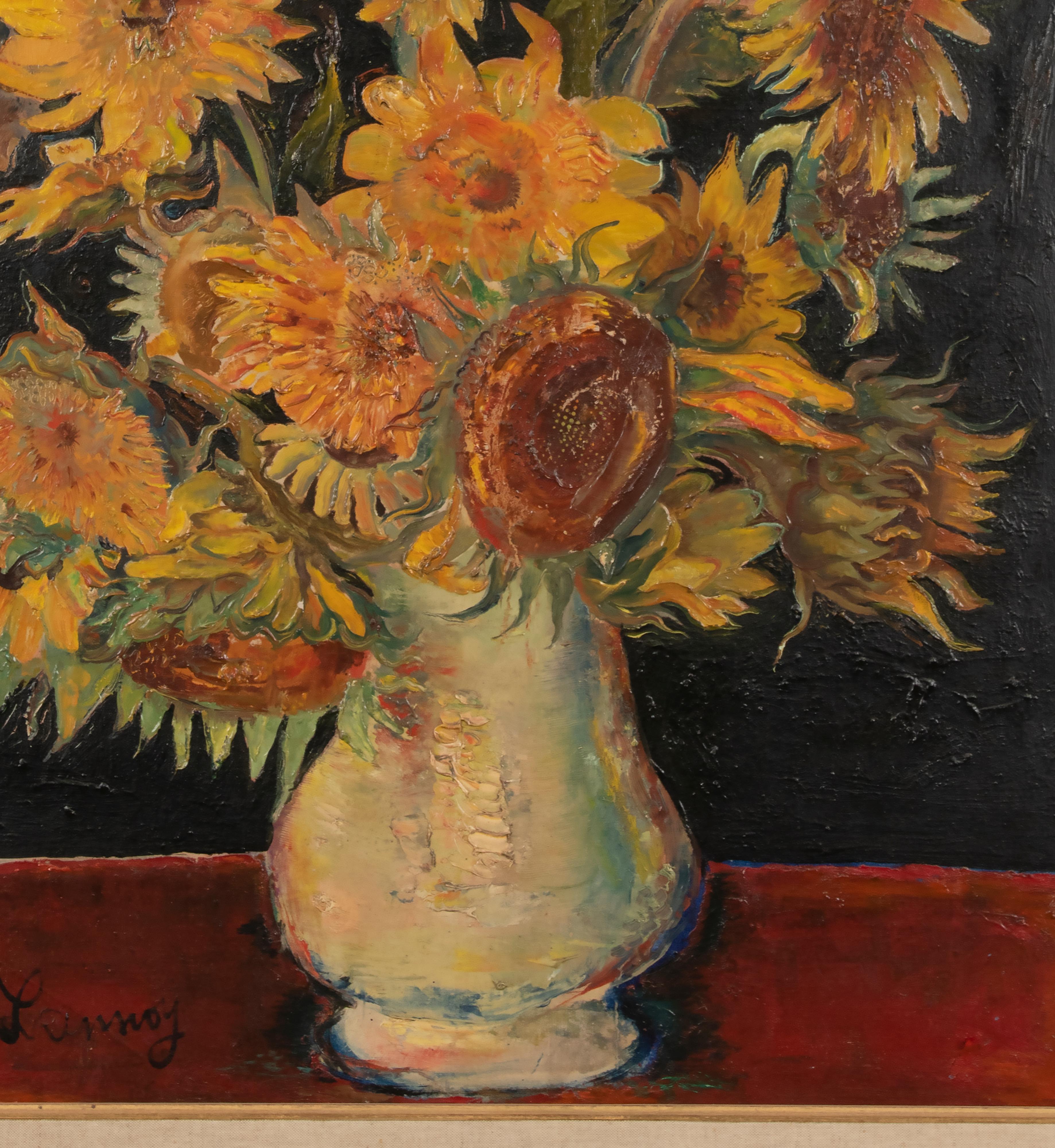 Mitte des 20. Jahrhunderts, Ölgemälde Blumenstillleben mit Sonnenblumen in einer Vase, Stillleben im Angebot 6