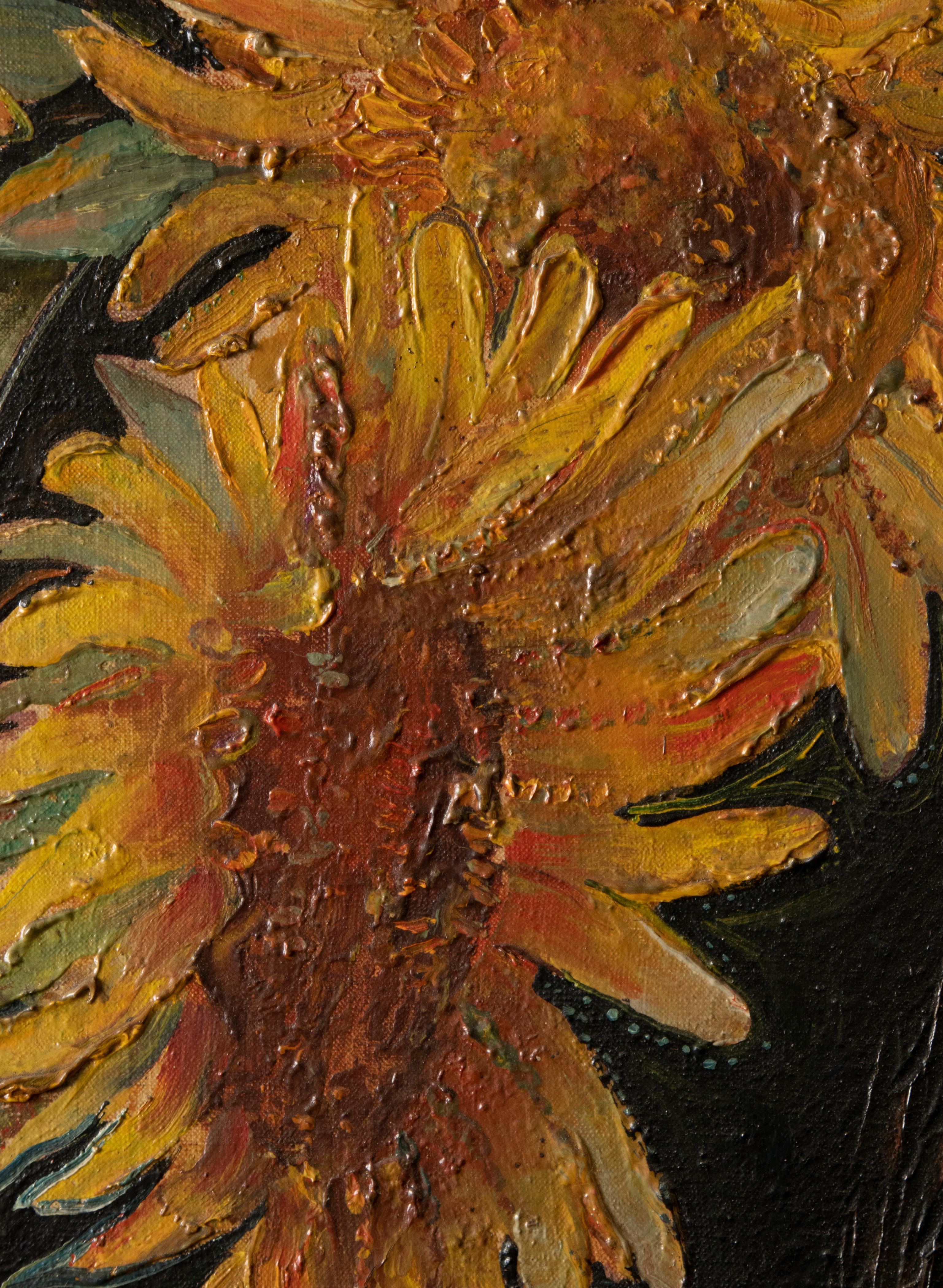 Mitte des 20. Jahrhunderts, Ölgemälde Blumenstillleben mit Sonnenblumen in einer Vase, Stillleben im Angebot 7
