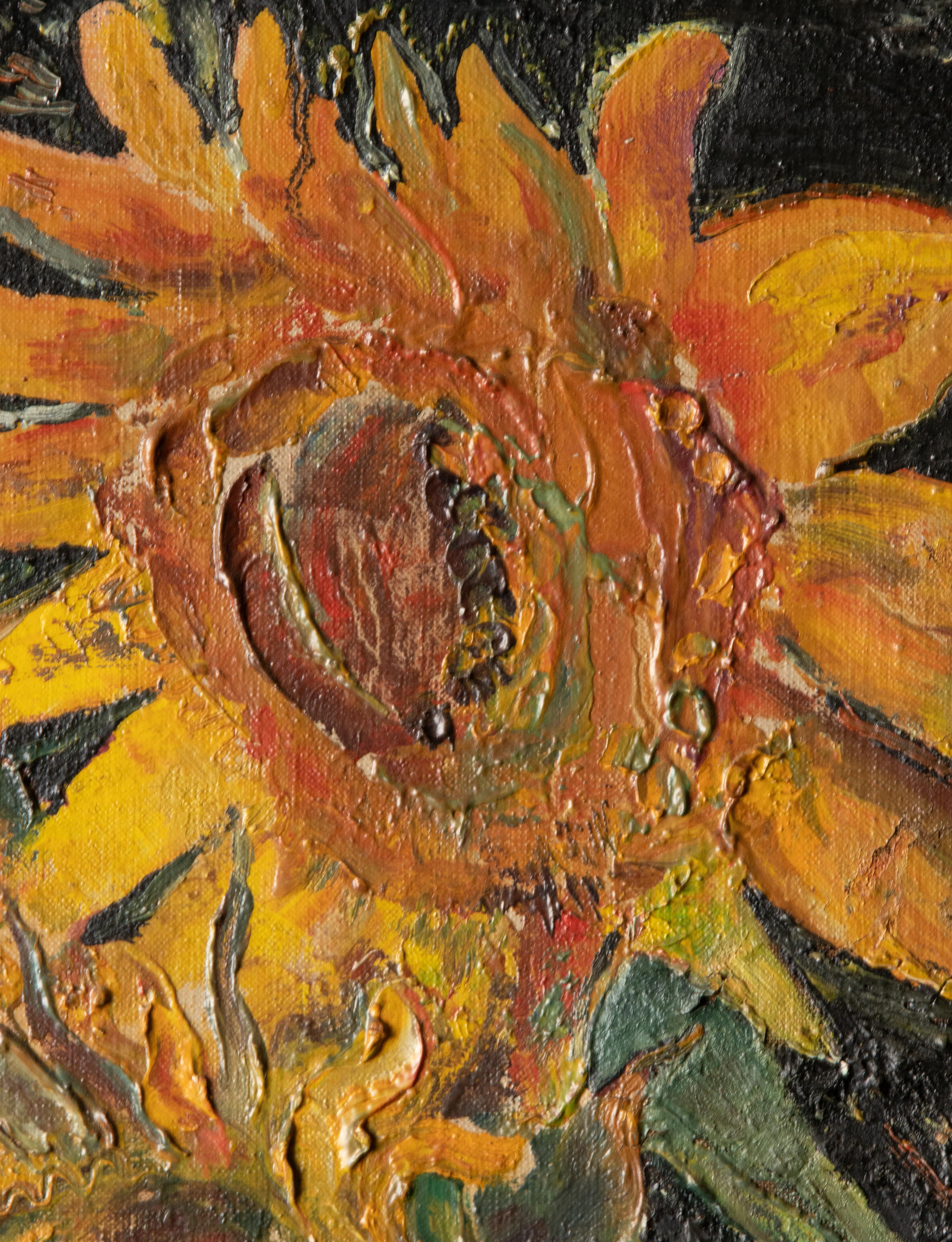 Milieu du 20e siècle, peinture à l'huile Nature morte fleurie avec tournesols dans un vase en vente 7