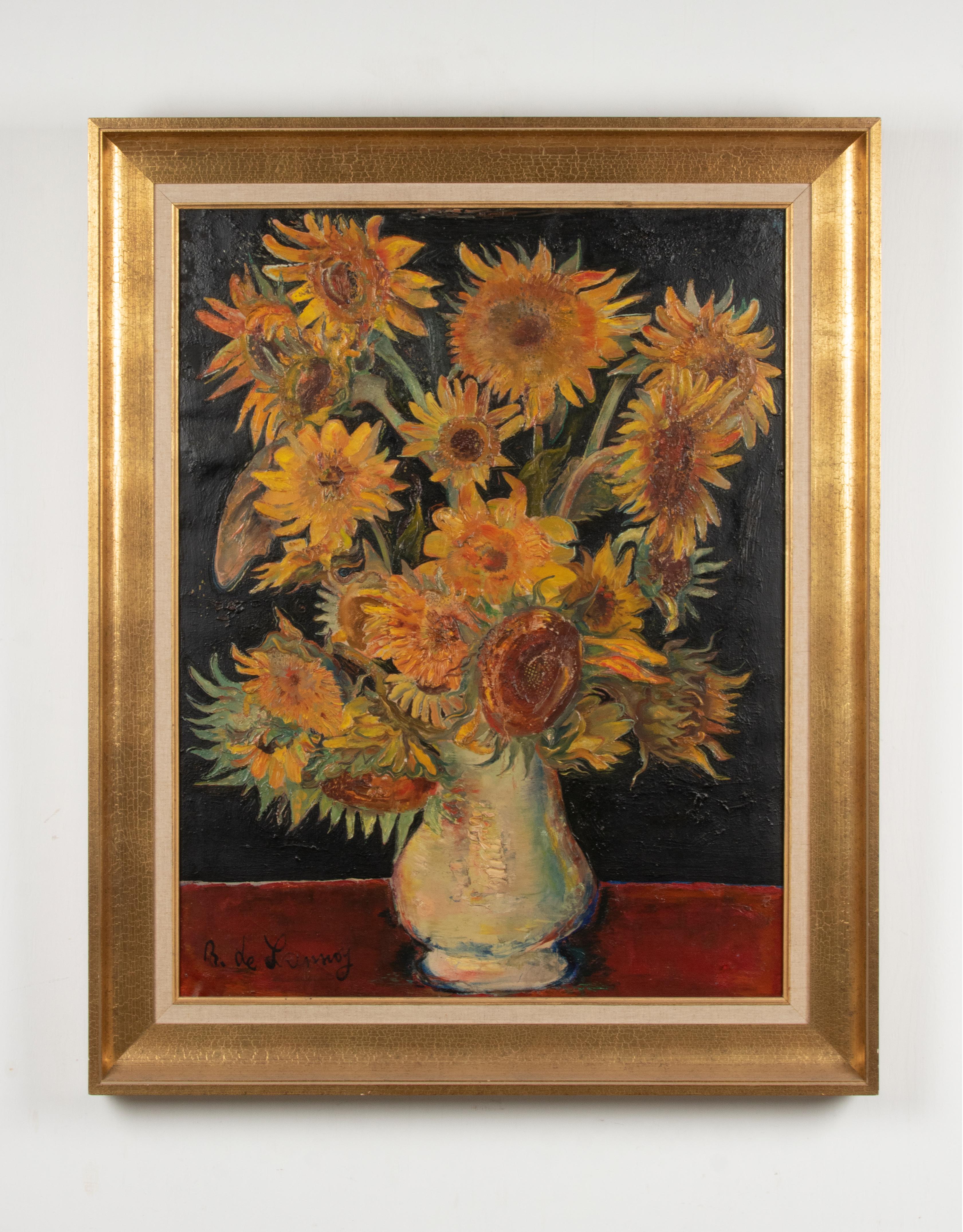 Large and expressive painting with a flower still life of sunflowers in a vase. Beautiful in impressionistic touch and thickly painted. A clear reference to the of Vincent van Gogh, who is famous for his sunflowers.
The painting dates from circa