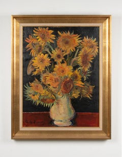Mid-20th Century, Oil Painting Flower Still Life with Sunflowers in a Vase
