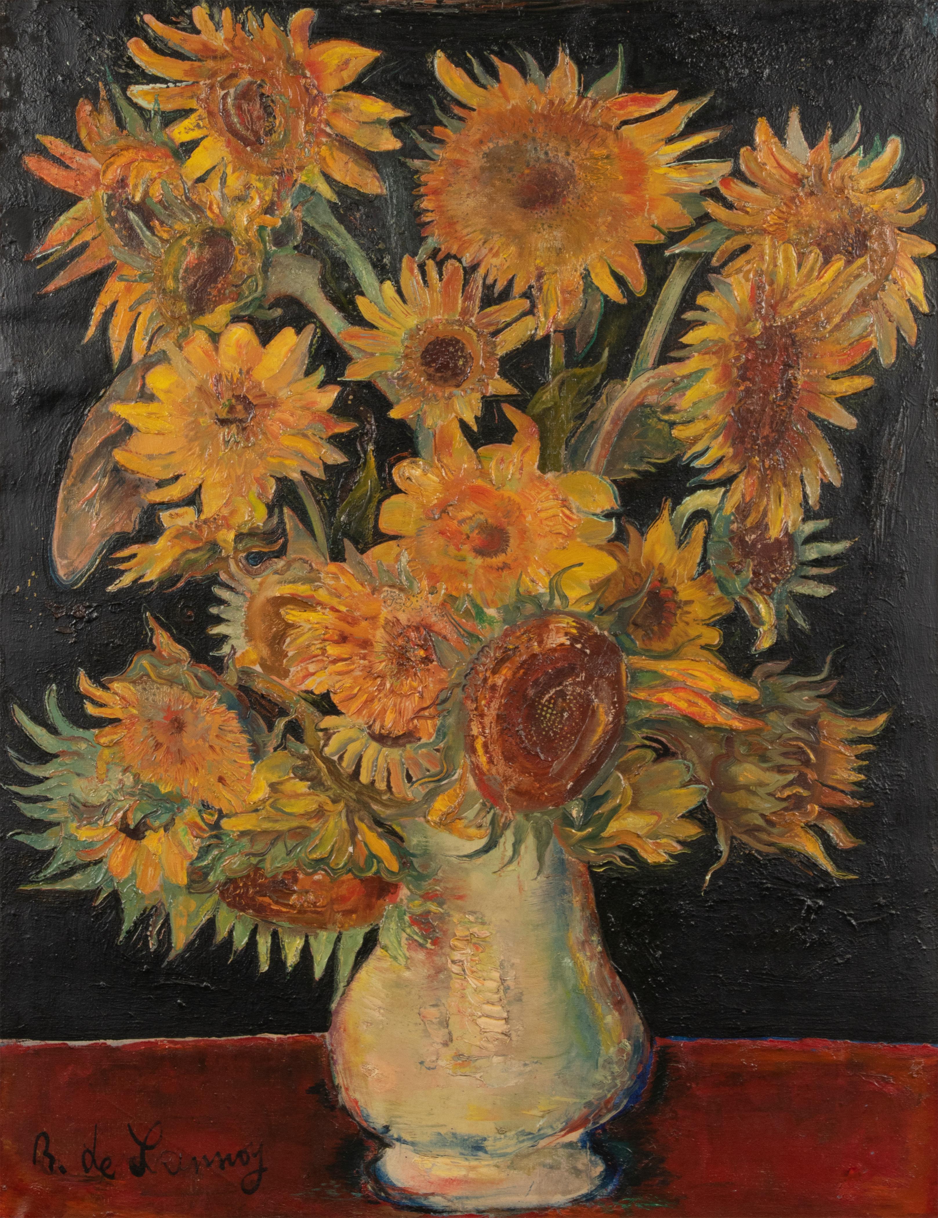 Mid-Century Modern Milieu du 20e siècle, peinture à l'huile Nature morte fleurie avec tournesols dans un vase en vente