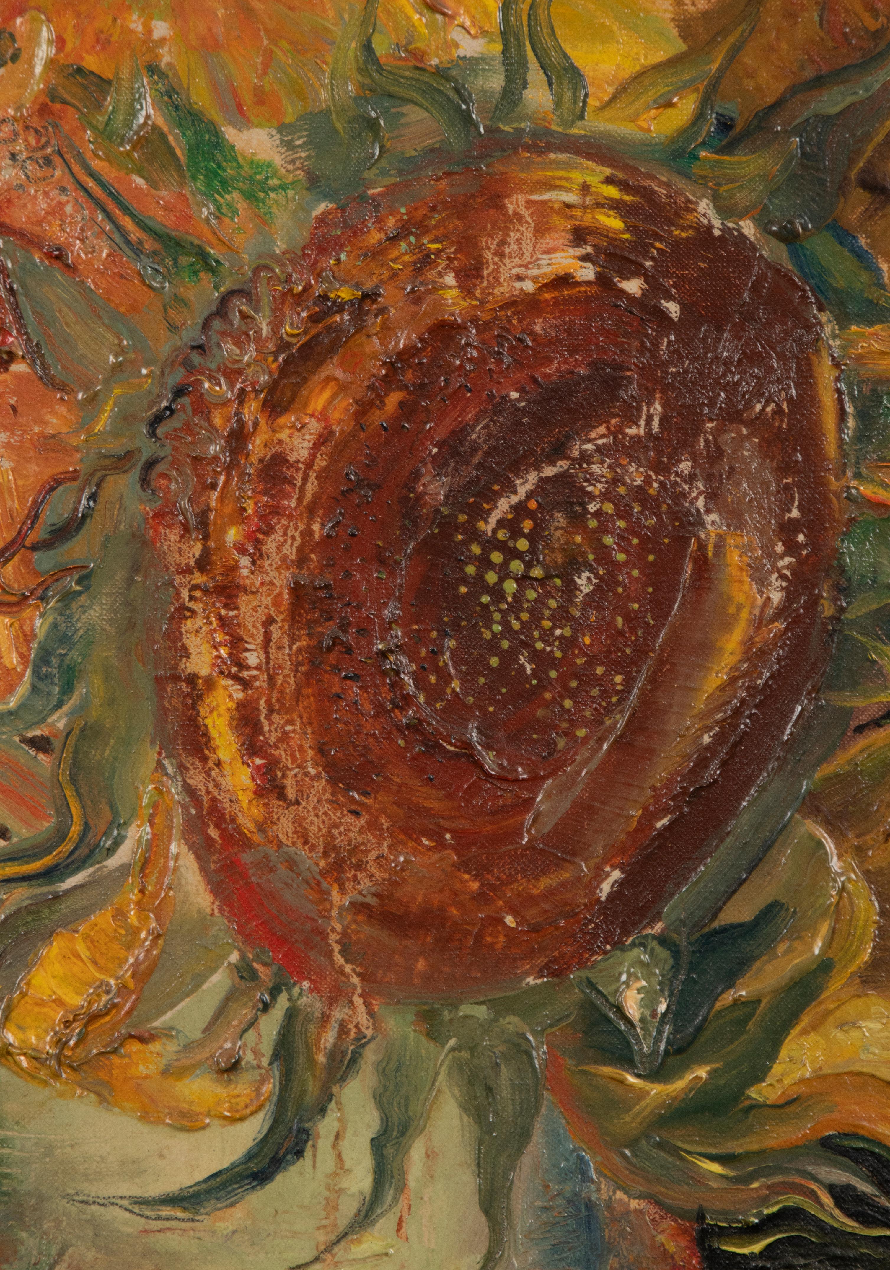 Mitte des 20. Jahrhunderts, Ölgemälde Blumenstillleben mit Sonnenblumen in einer Vase, Stillleben im Zustand „Gut“ im Angebot in Casteren, Noord-Brabant