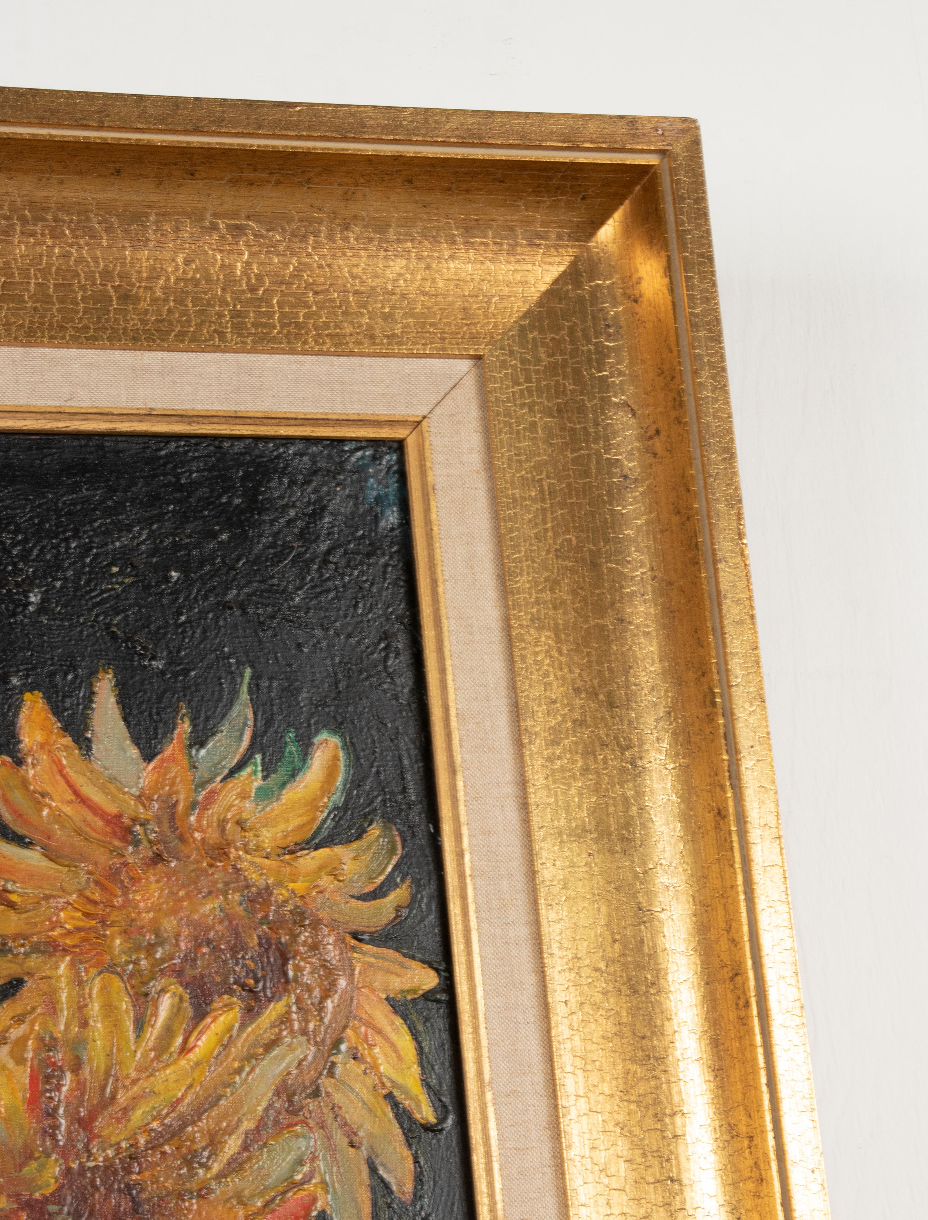 Mitte des 20. Jahrhunderts, Ölgemälde Blumenstillleben mit Sonnenblumen in einer Vase, Stillleben im Angebot 2