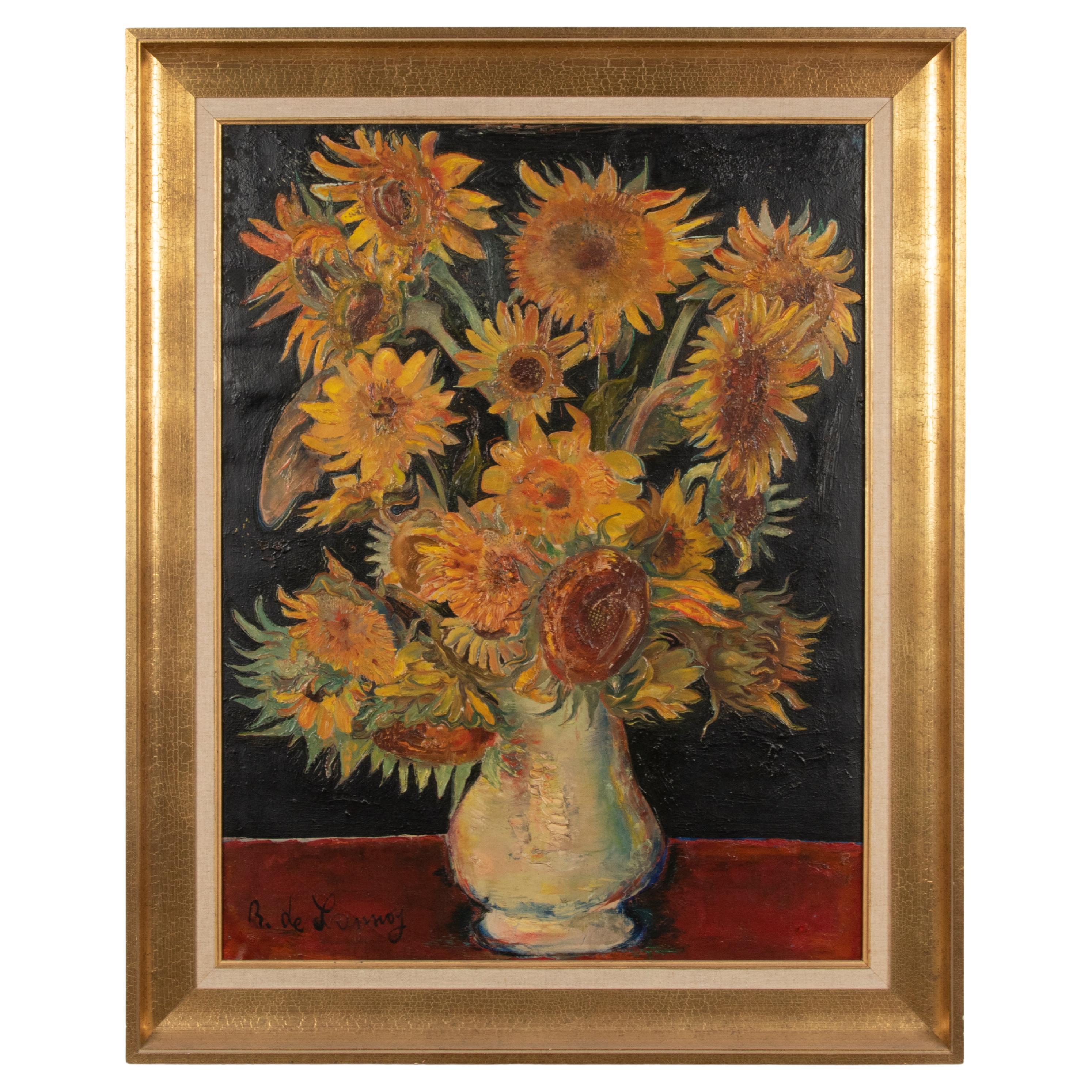 Mitte des 20. Jahrhunderts, Ölgemälde Blumenstillleben mit Sonnenblumen in einer Vase, Stillleben im Angebot