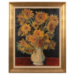 Mid-20th Century, Oil Painting Flower Still Life with Sunflowers in a Vase