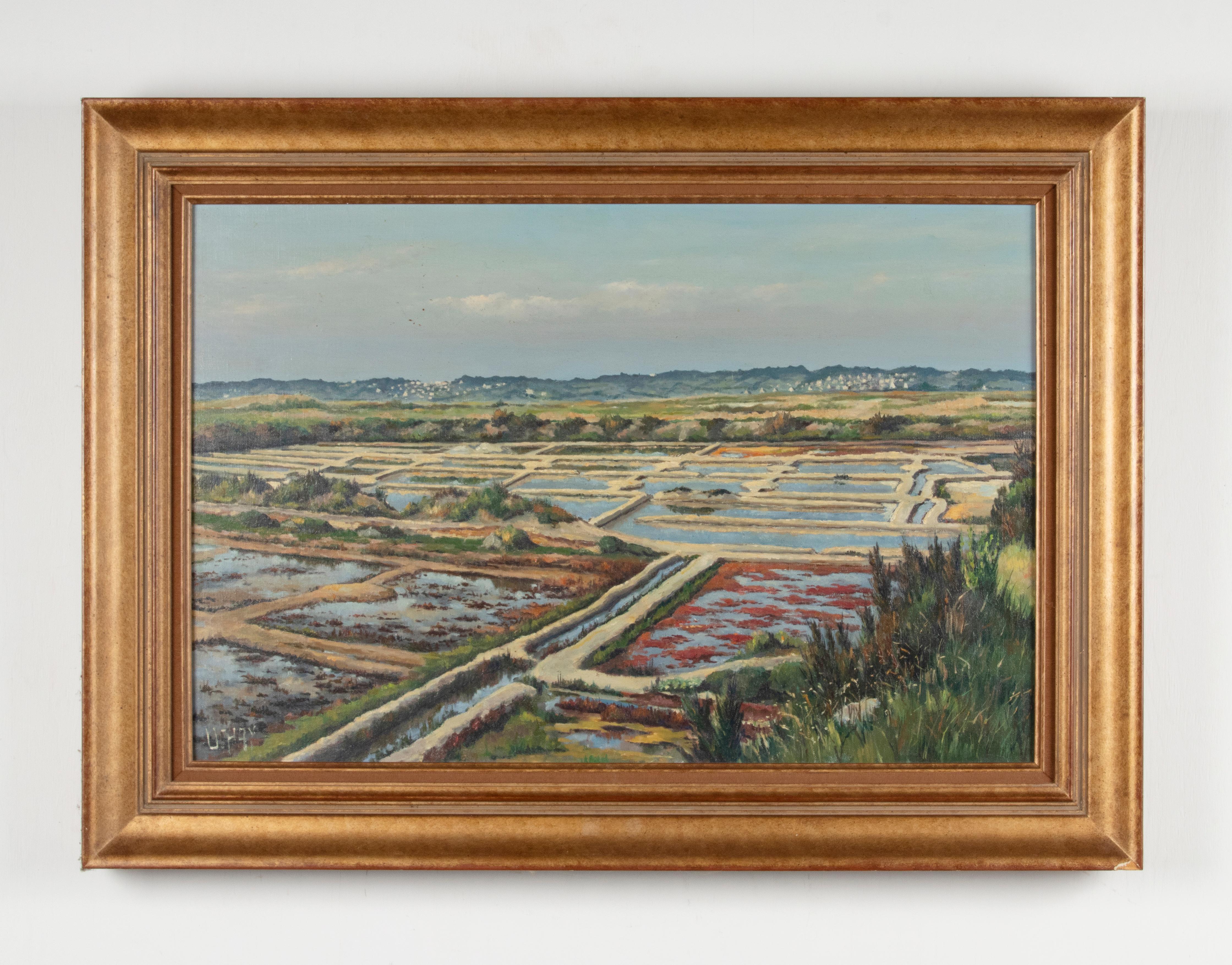 Oil painting of sea salt salt production reservoirs at he Breton coast of France. Signed left under: René UCHAY. The sea salt is extracted in a traditional way at Guérande and on the island of Noirmoutier and is widely used in French cuisine.

René