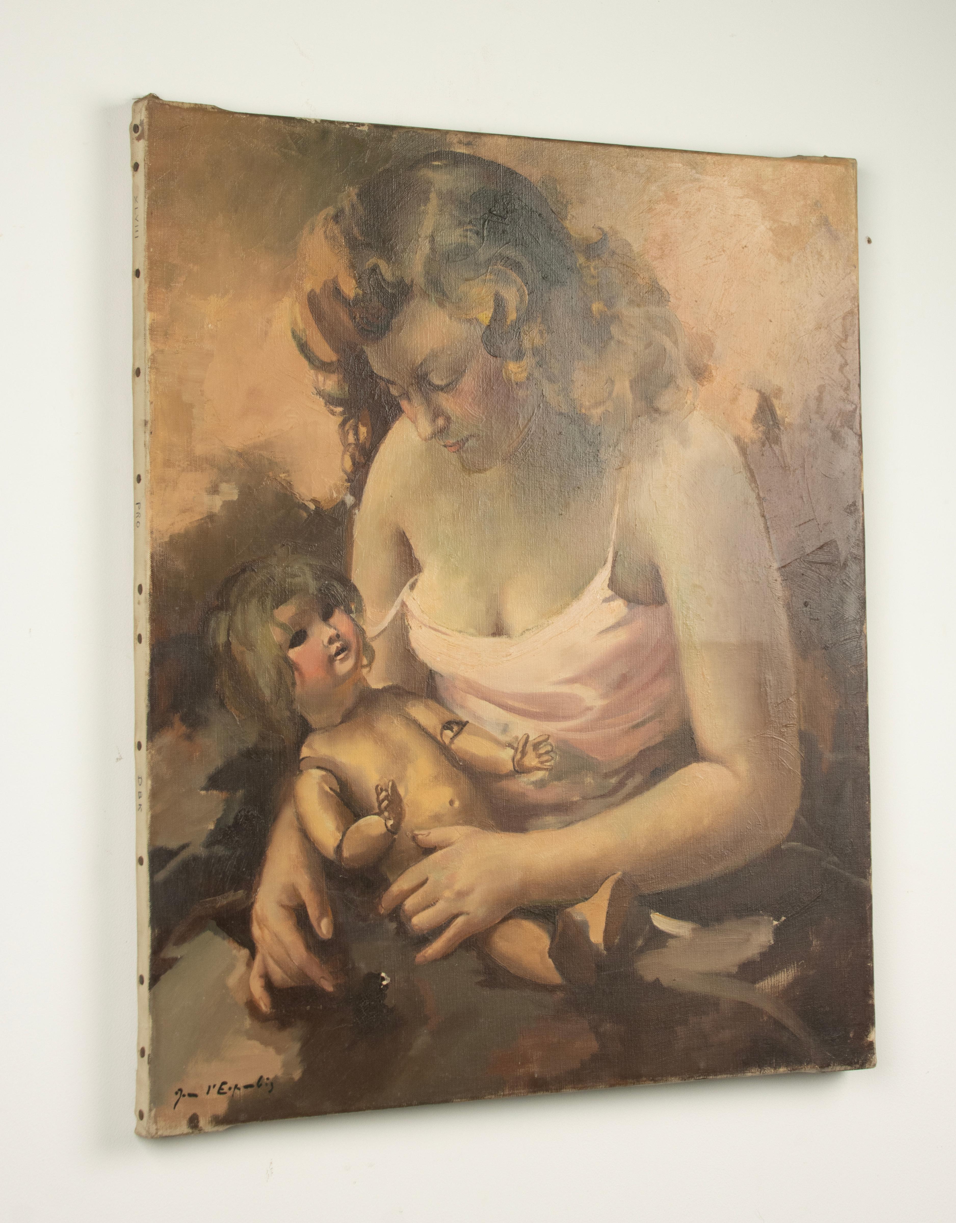 Mitte 20. Jahrhundert Ölgemälde - Jean d'Esparbès - Öl auf Leinwand - Mutterschaft im Angebot 7